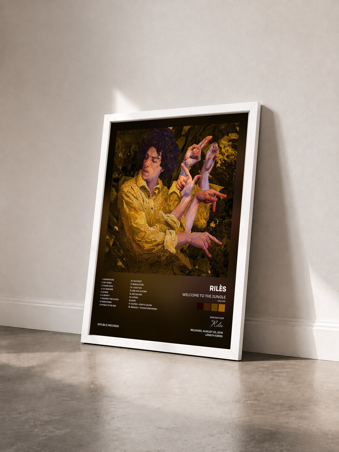 #blanc WELCOME TO THE JUNGLE (Deluxe) by Rilès as a framed art print seen at an angle, white frame