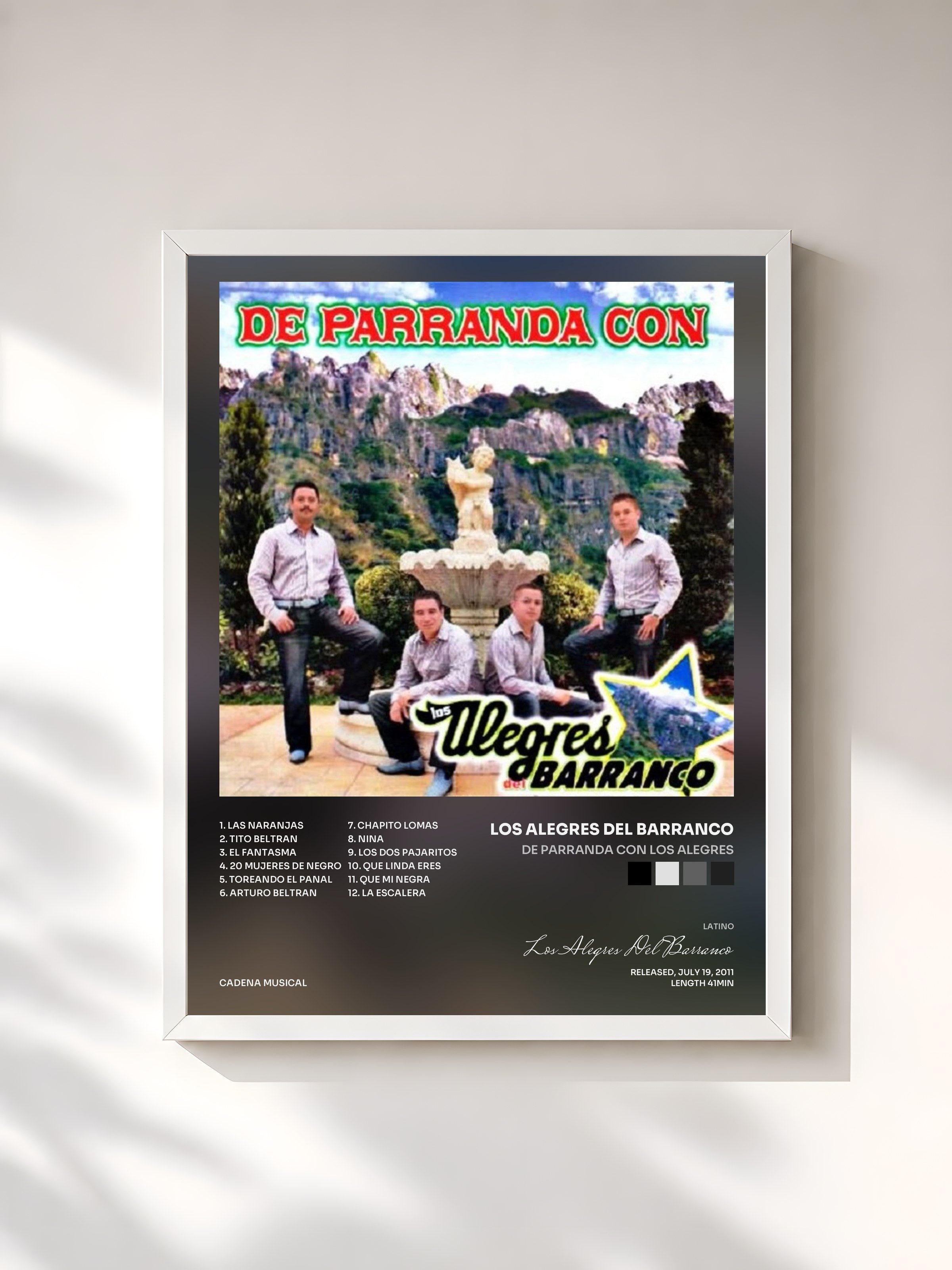 #blanc Tableau de l'album De Parranda Con Los Alegres de Los Alegres Del Barranco, cadre blanc, imprimé et encadré en France