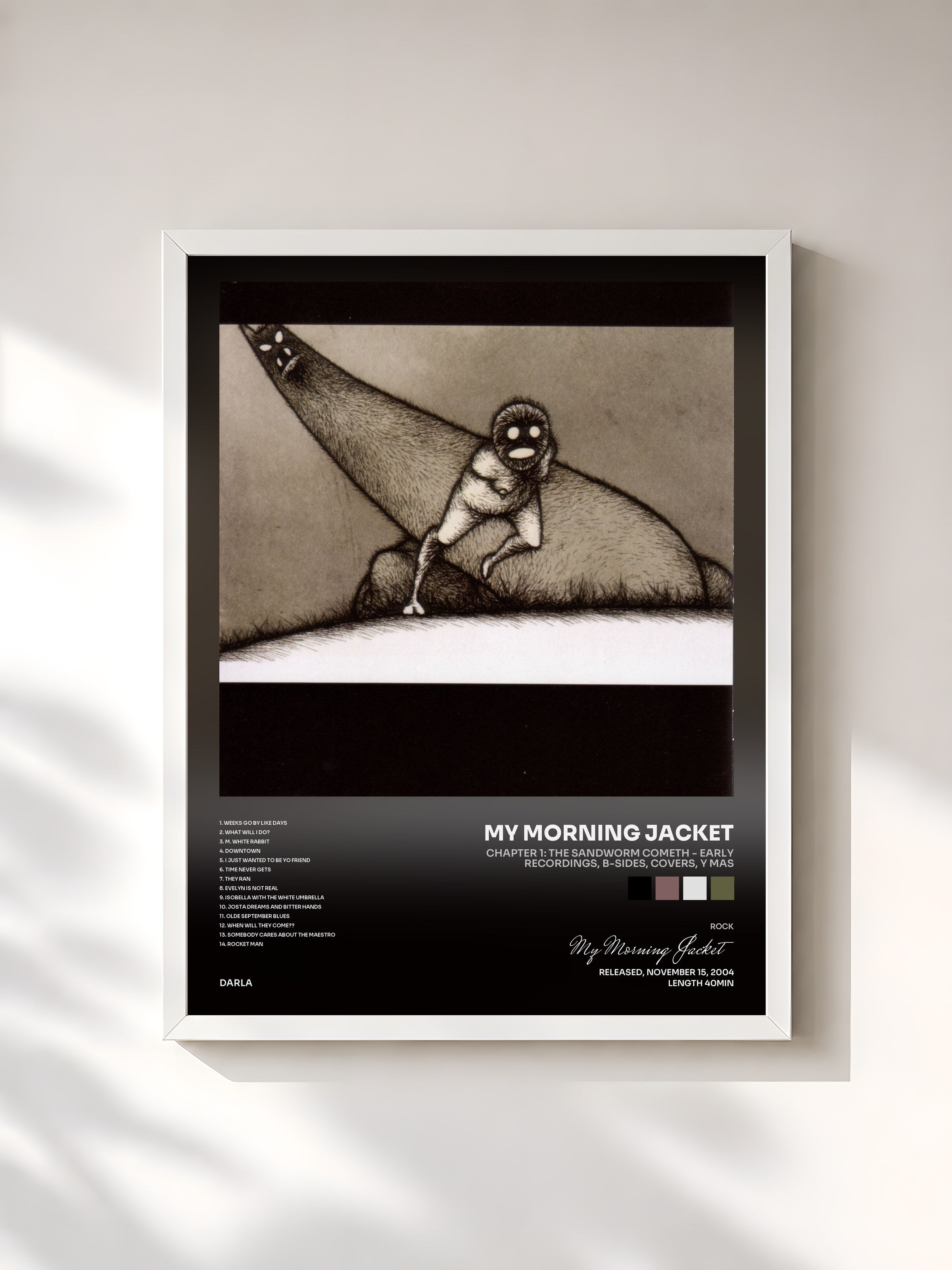 #blanc Tableau de l'album Chapter 1: The Sandworm Cometh - Early Recordings, B-Sides, Covers, y Mas de My Morning Jacket, cadre blanc, imprimé et encadré en France