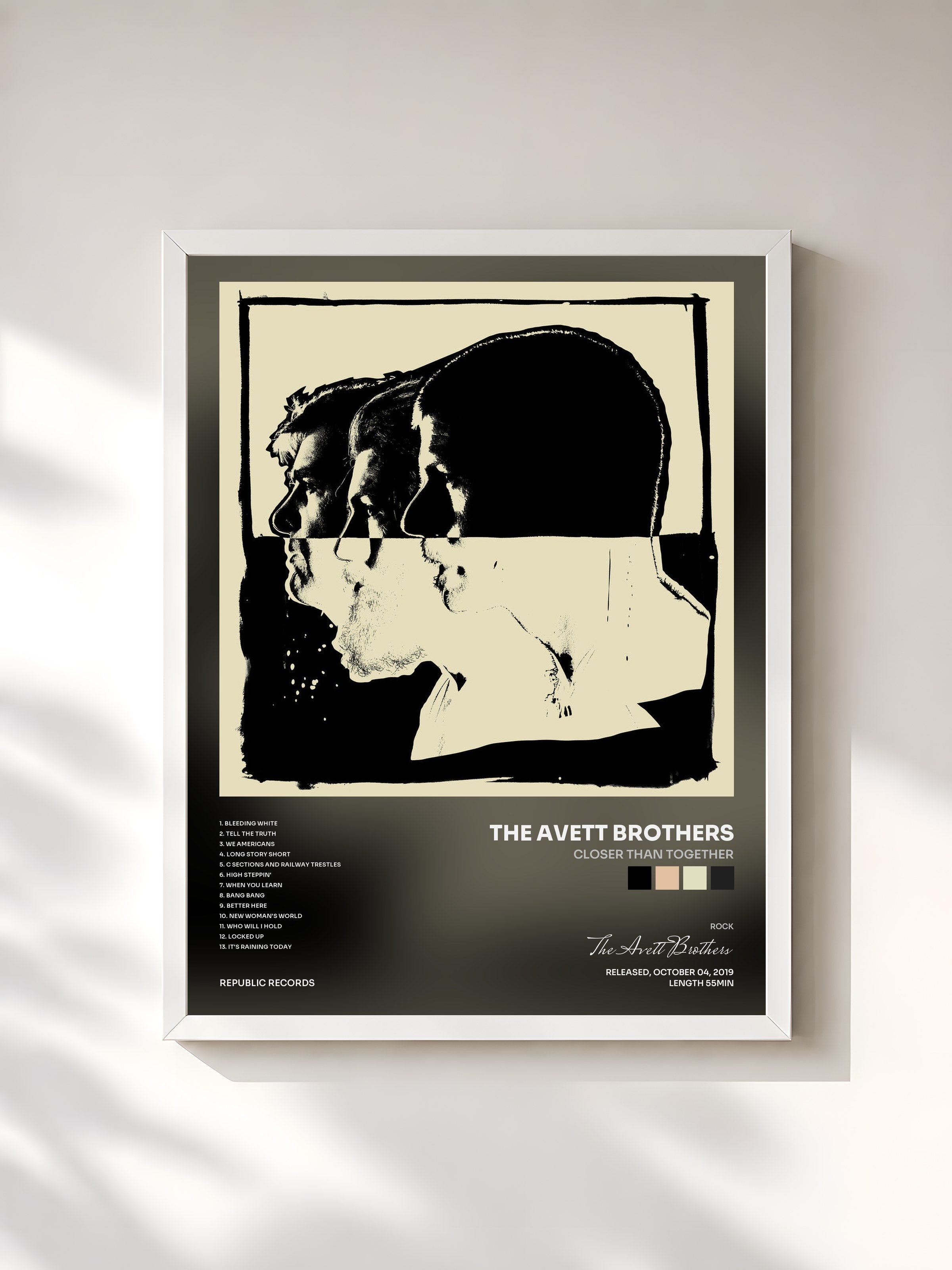 #blanc Tableau de l'album Closer Than Together de The Avett Brothers, cadre blanc, imprimé et encadré en France