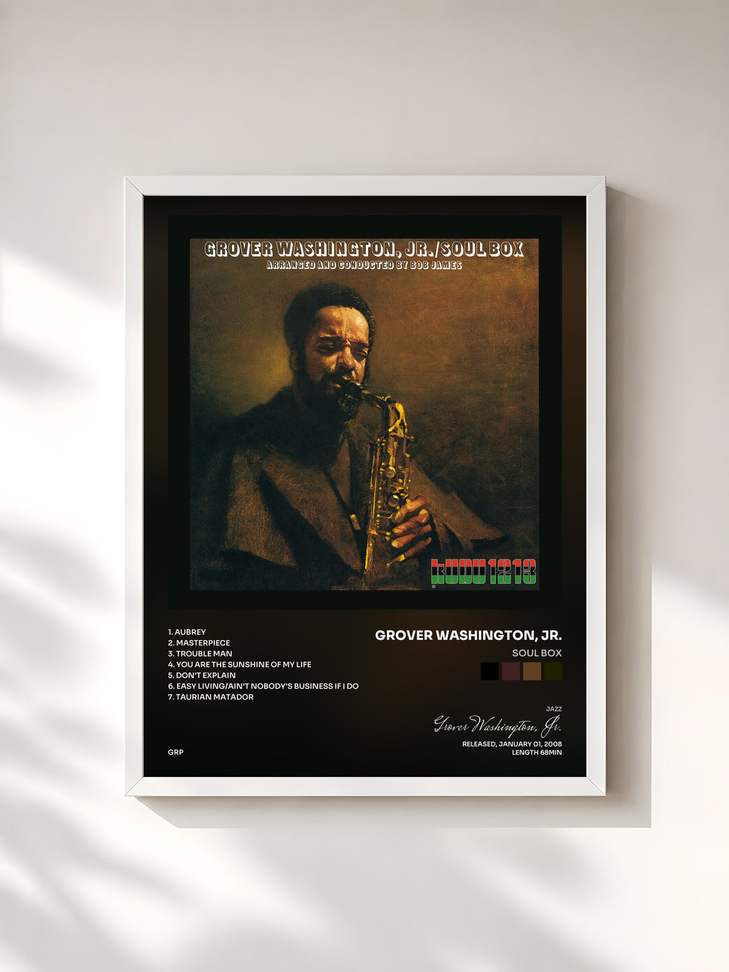 #blanc Tableau de l'album Soul Box de Grover Washington, Jr., cadre blanc, imprimé et encadré en France