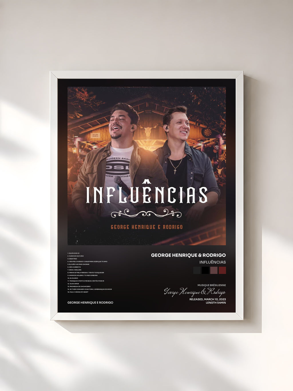 #blanc Tableau de l'album Influências de George Henrique & Rodrigo, cadre blanc, imprimé et encadré en France