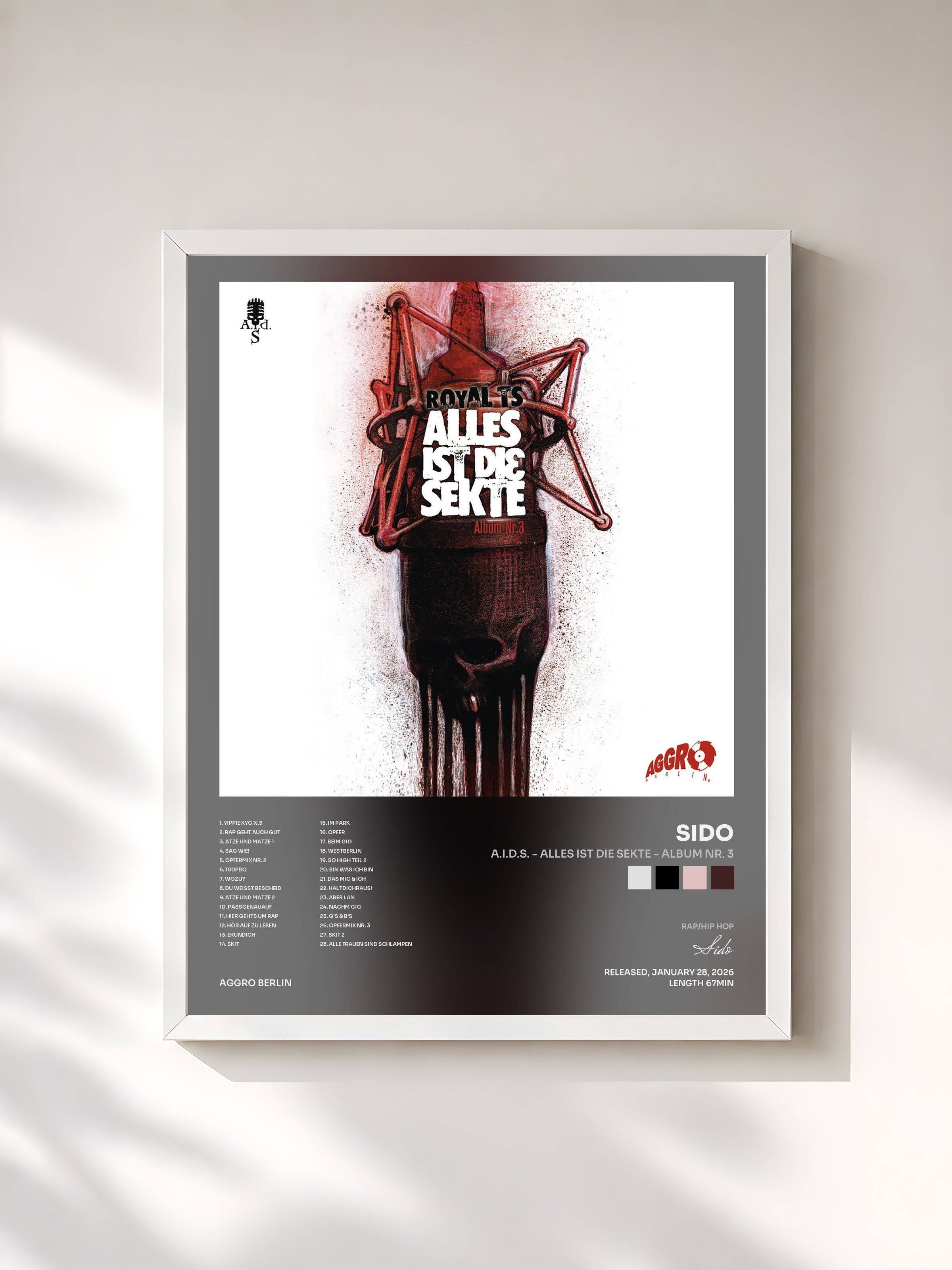 #blanc Tableau de l'album A.I.D.S. - Alles ist die Sekte - Album Nr. 3 de Sido, cadre blanc, imprimé et encadré en France