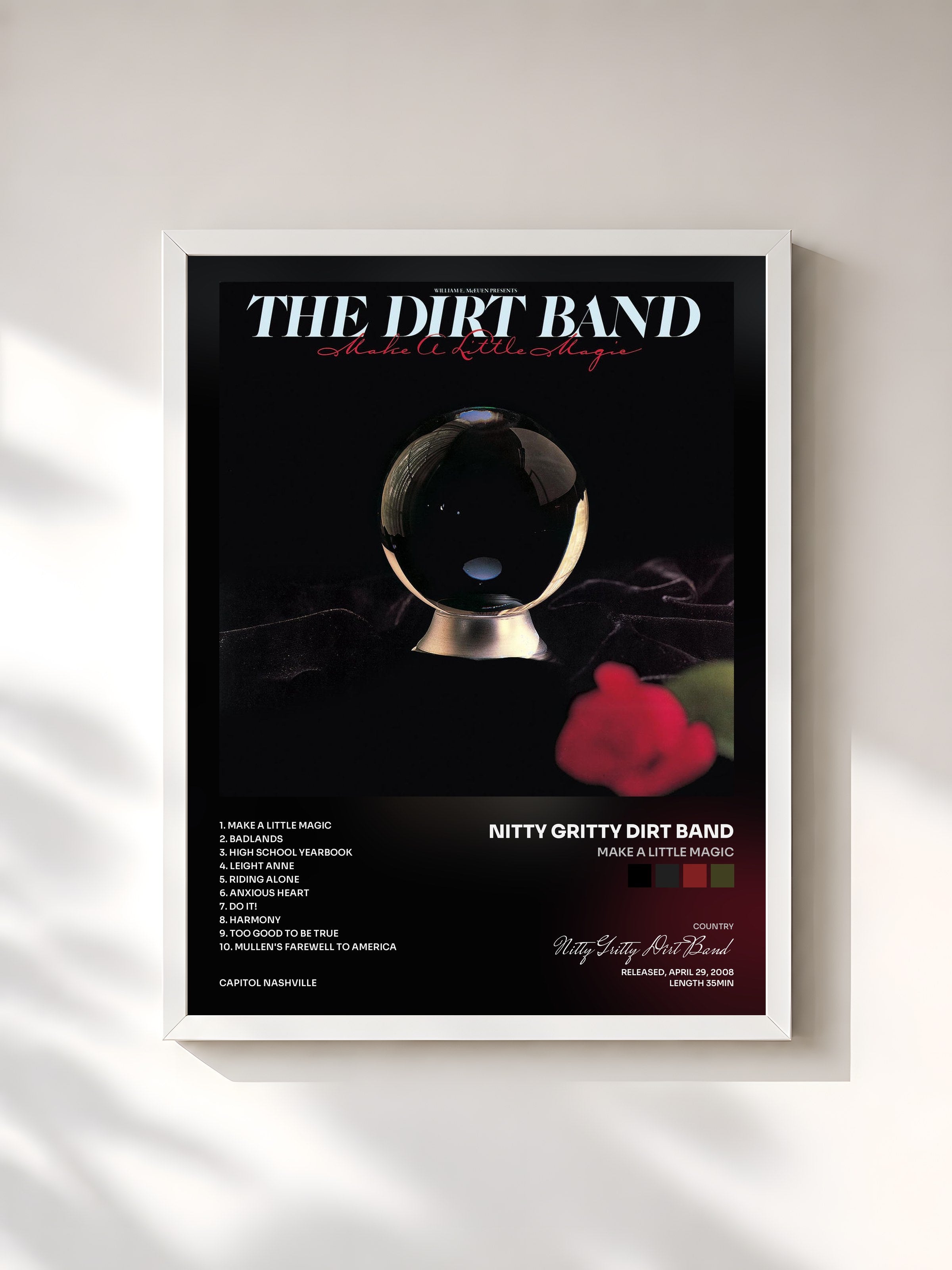 #blanc Tableau de l'album Make A Little Magic de Nitty Gritty Dirt Band, cadre blanc, imprimé et encadré en France