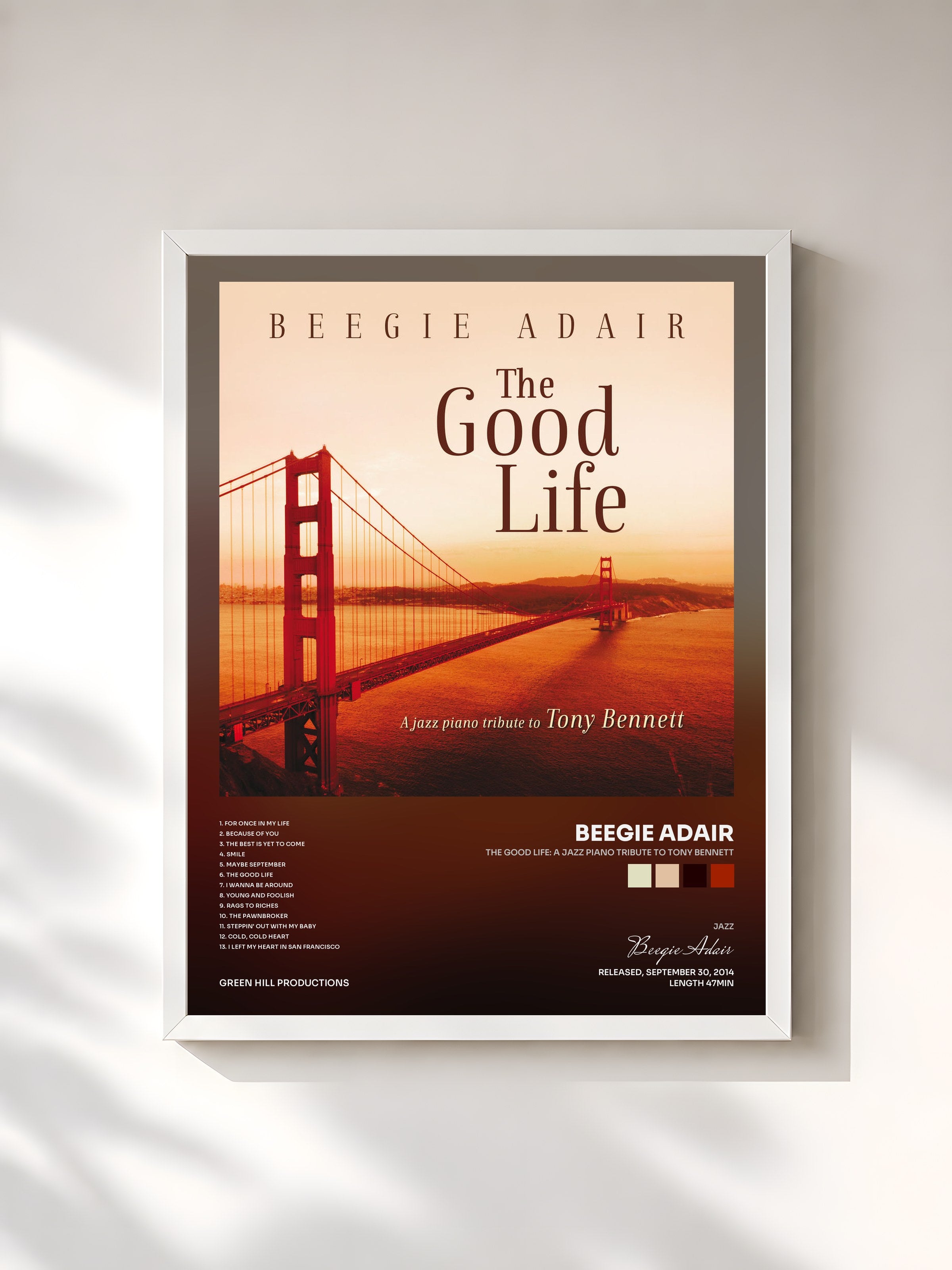 #blanc Tableau de l'album The Good Life: A Jazz Piano Tribute To Tony Bennett de Beegie Adair, cadre blanc, imprimé et encadré en France