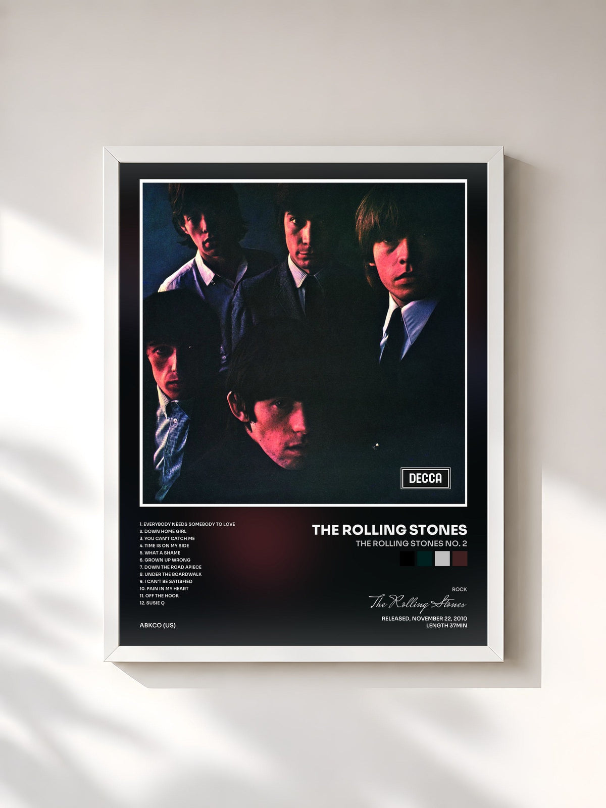 #blanc Tableau de l'album The Rolling Stones No. 2 de The Rolling Stones, cadre blanc, imprimé et encadré en France