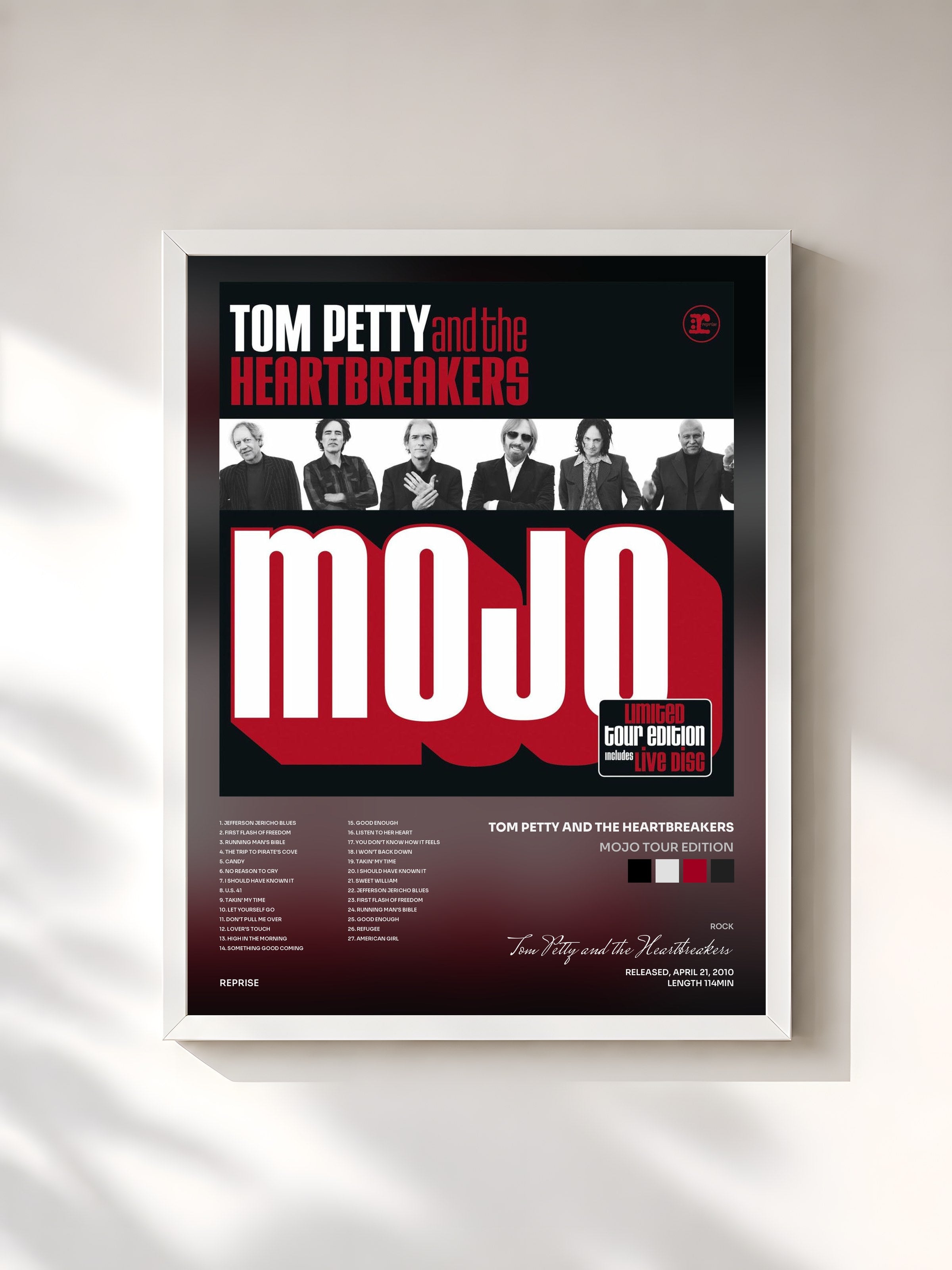 #blanc Tableau de l'album Mojo Tour Edition de Tom Petty and the Heartbreakers, cadre blanc, imprimé et encadré en France