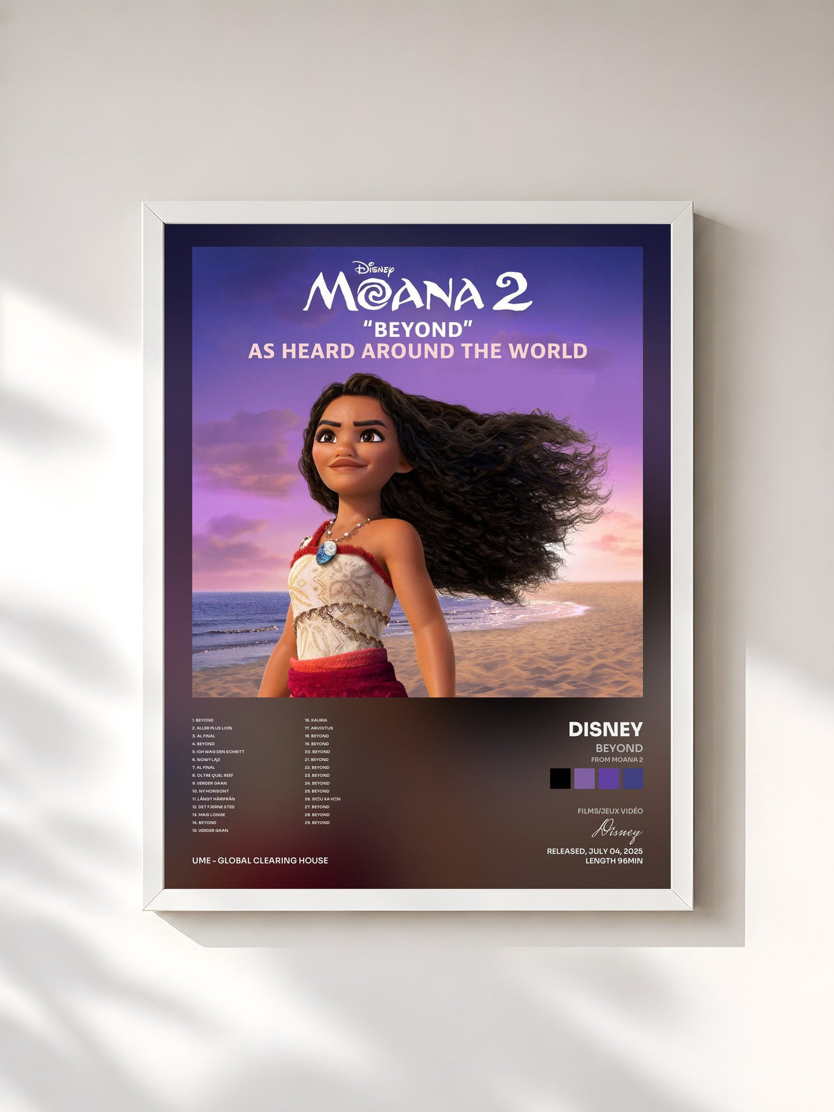 #blanc Tableau de l'album Beyond (from Moana 2) de Disney, cadre blanc, imprimé et encadré en France