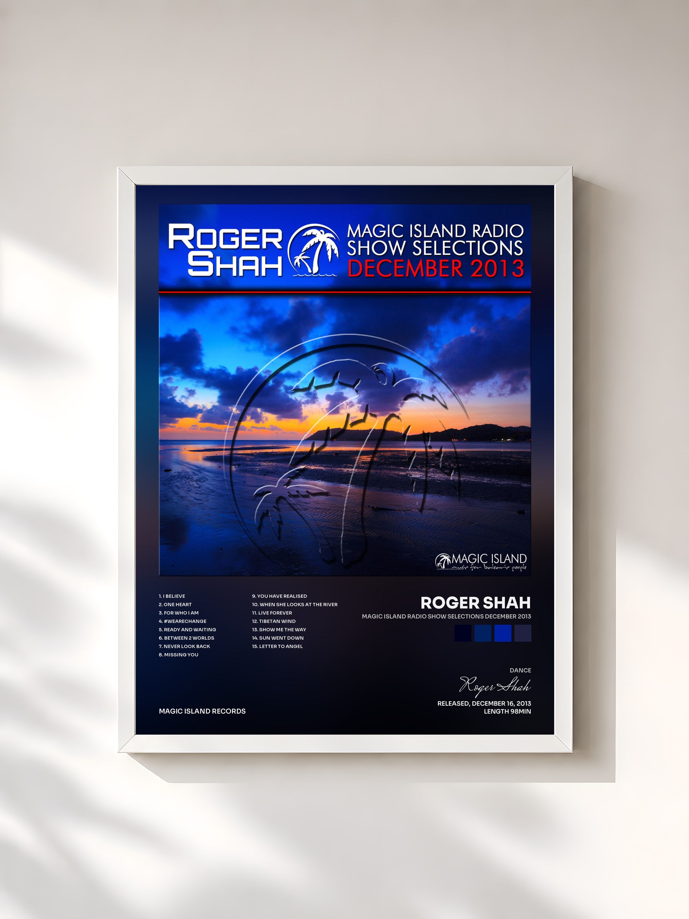#blanc Tableau de l'album Magic Island Radio Show Selections December 2013 de Roger Shah, cadre blanc, imprimé et encadré en France