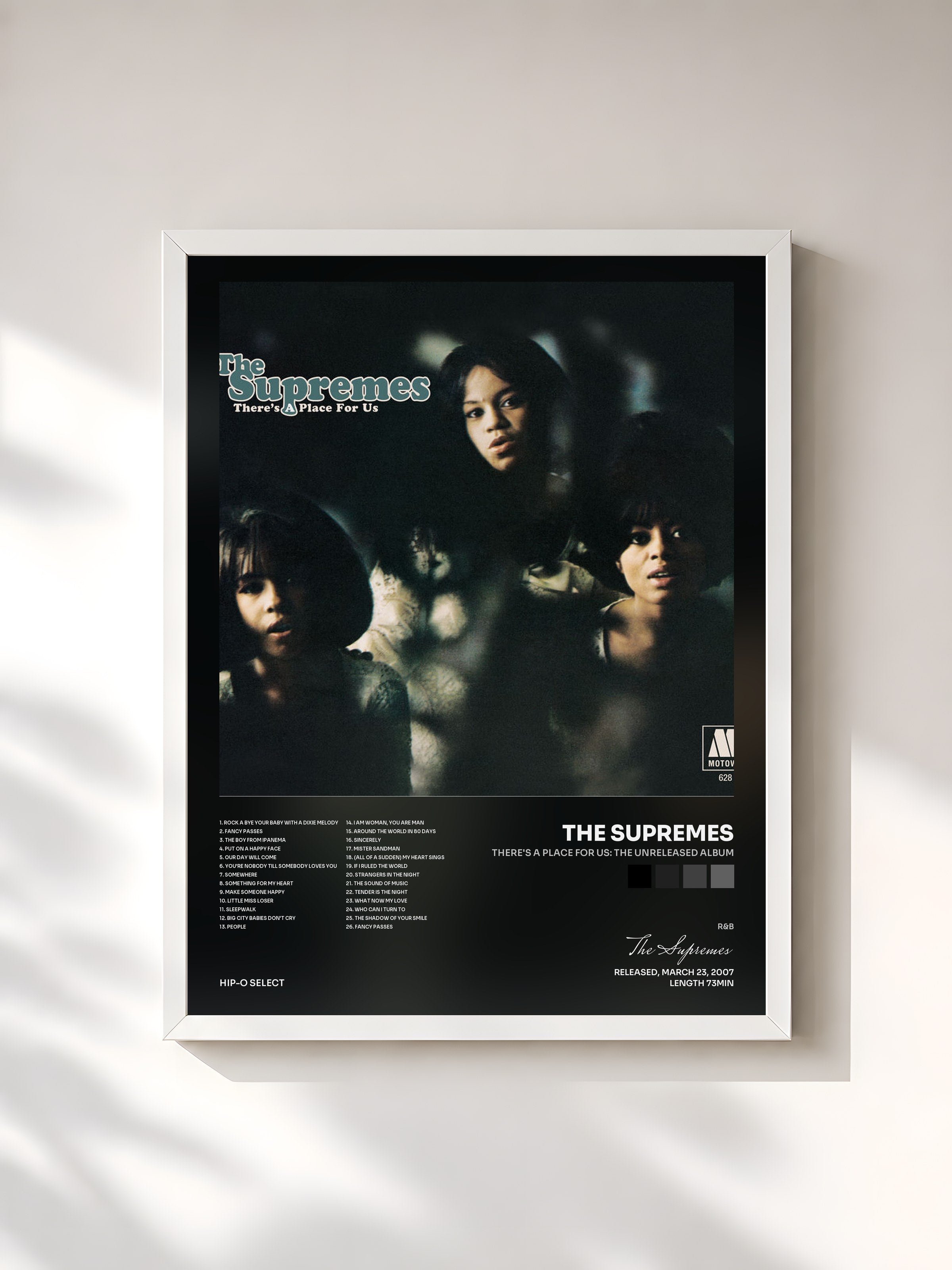#blanc Tableau de l'album There's A Place For Us: The Unreleased Album de The Supremes, cadre blanc, imprimé et encadré en France