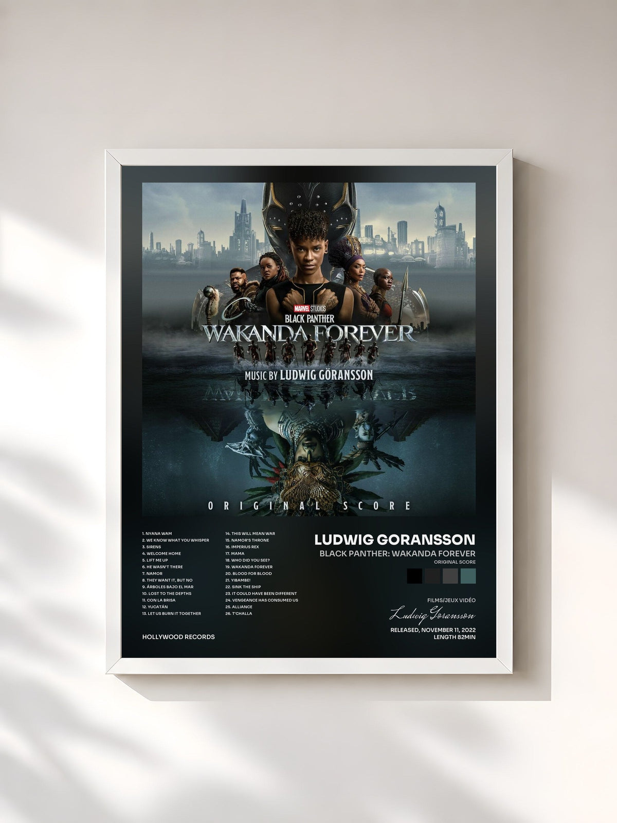 #blanc Tableau de l'album Black Panther: Wakanda Forever (Original Score) de Ludwig Goransson, cadre blanc, imprimé et encadré en France