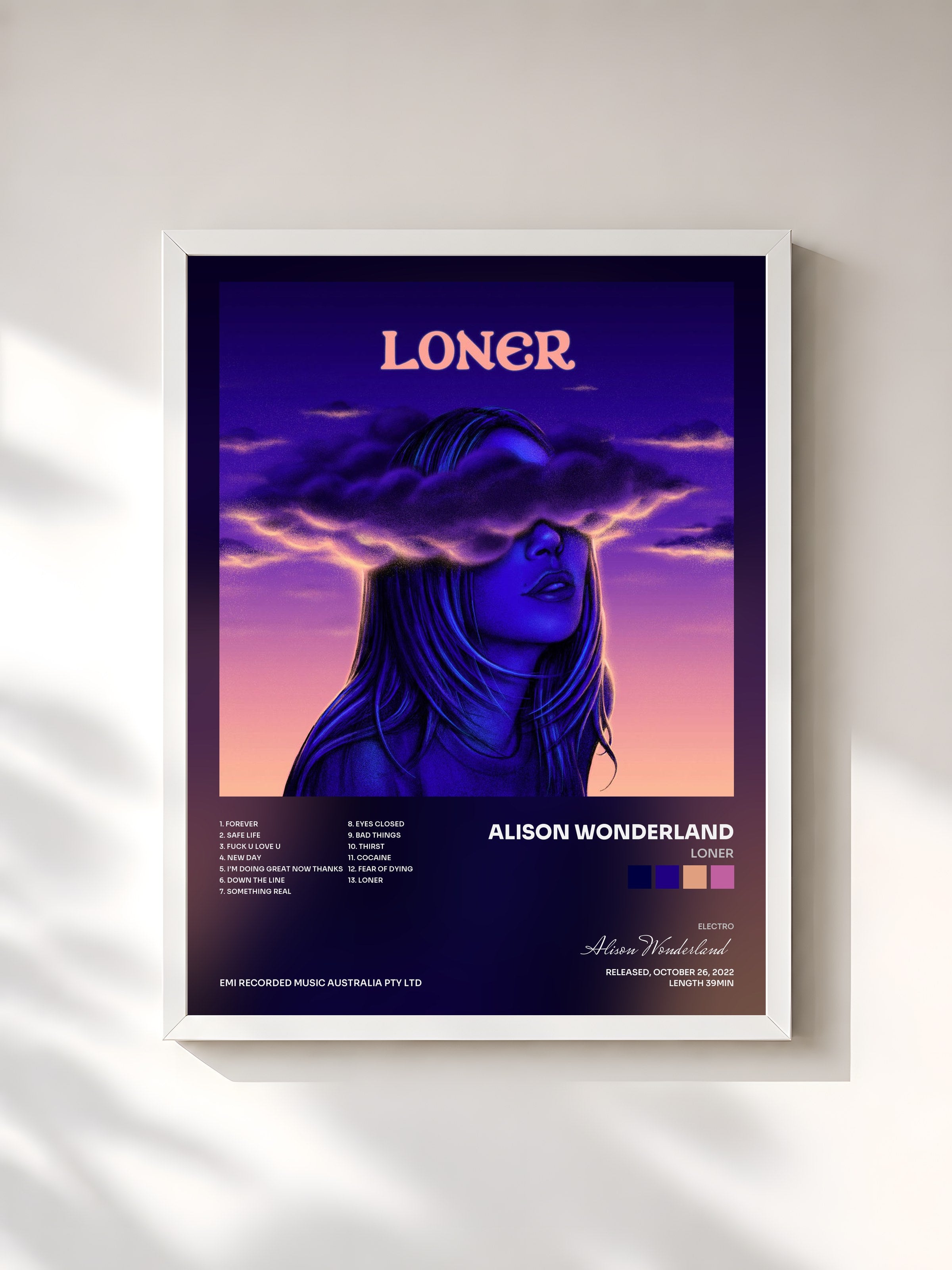 #blanc Tableau de l'album Loner de Alison Wonderland, cadre blanc, imprimé et encadré en France