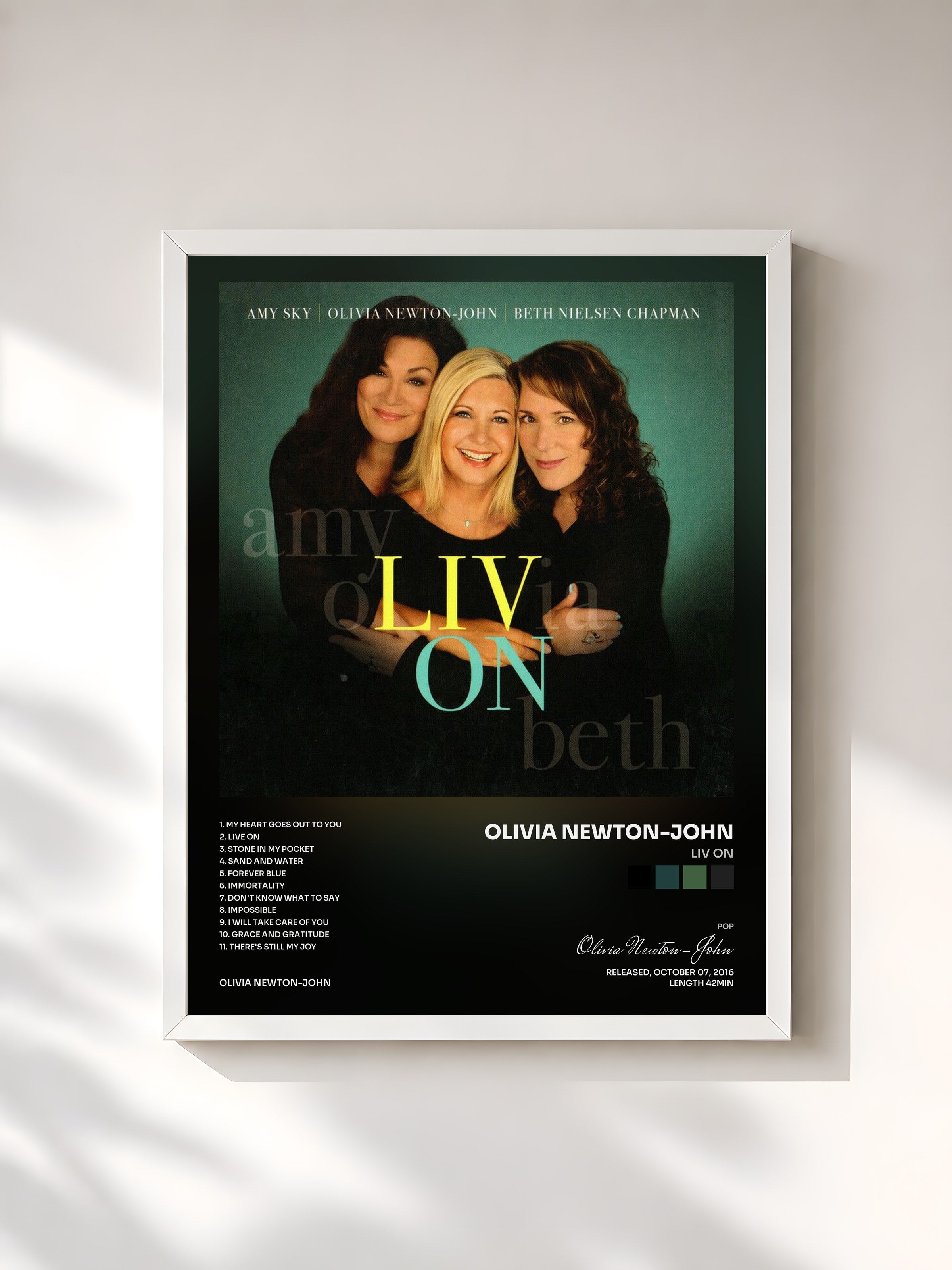 #blanc Tableau de l'album Liv On de Olivia Newton-John, cadre blanc, imprimé et encadré en France