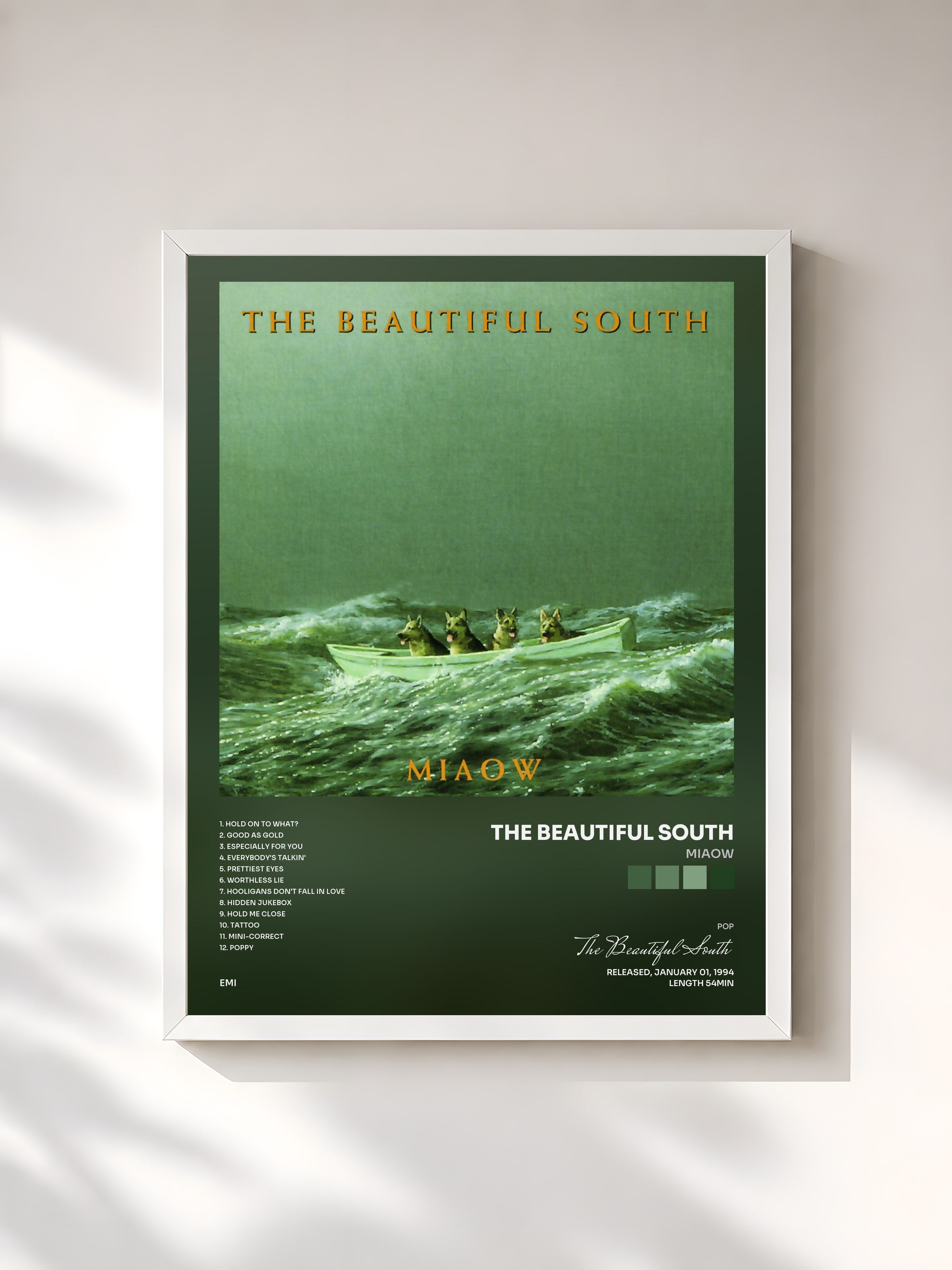 #blanc Tableau de l'album Miaow de The Beautiful South, cadre blanc, imprimé et encadré en France