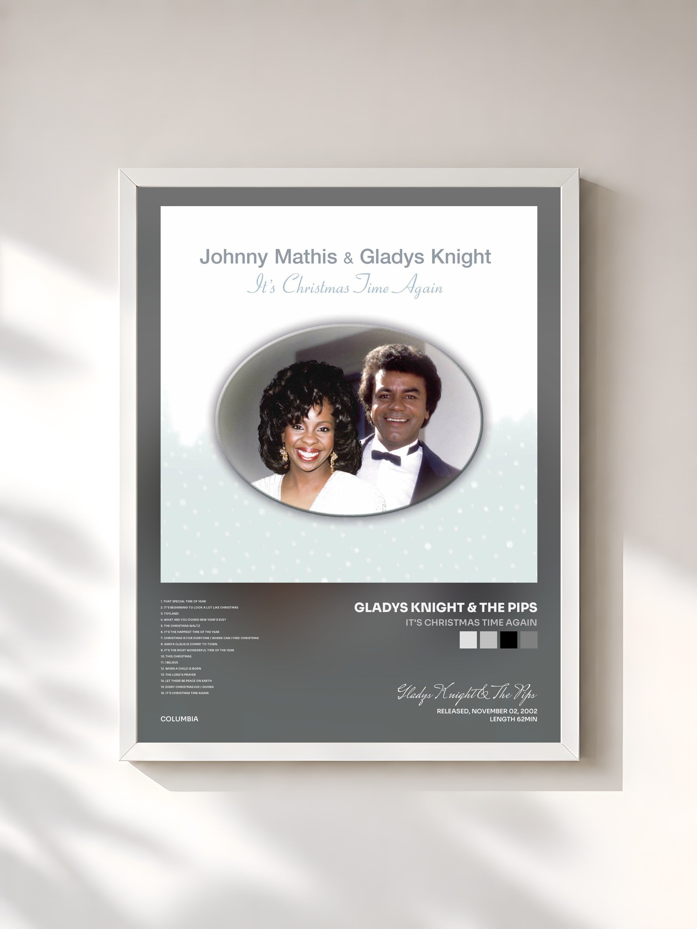 #blanc Tableau de l'album It's Christmas Time Again de Gladys Knight & The Pips, cadre blanc, imprimé et encadré en France