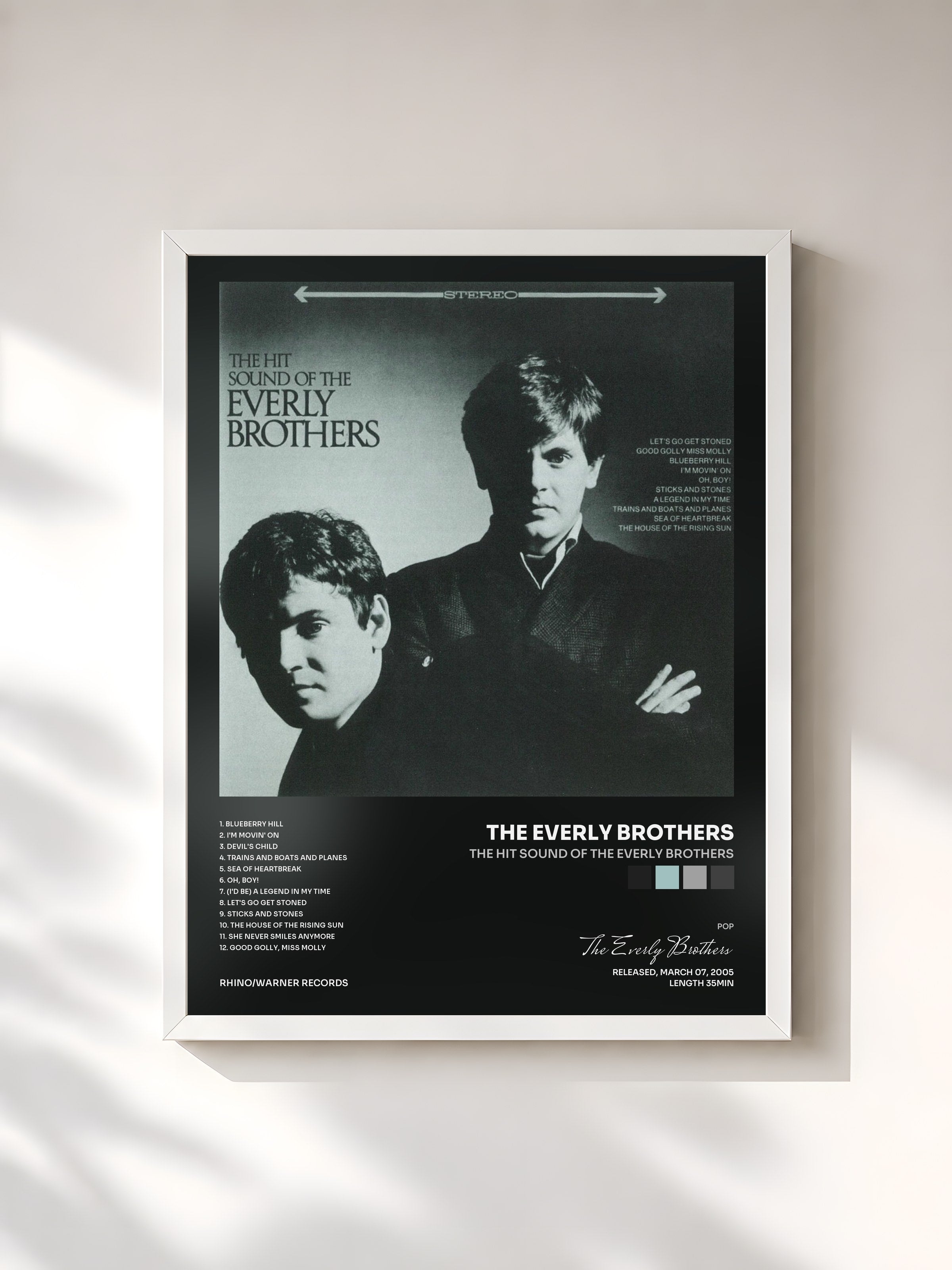 #blanc Tableau de l'album The Hit Sound of The Everly Brothers de The Everly Brothers, cadre blanc, imprimé et encadré en France
