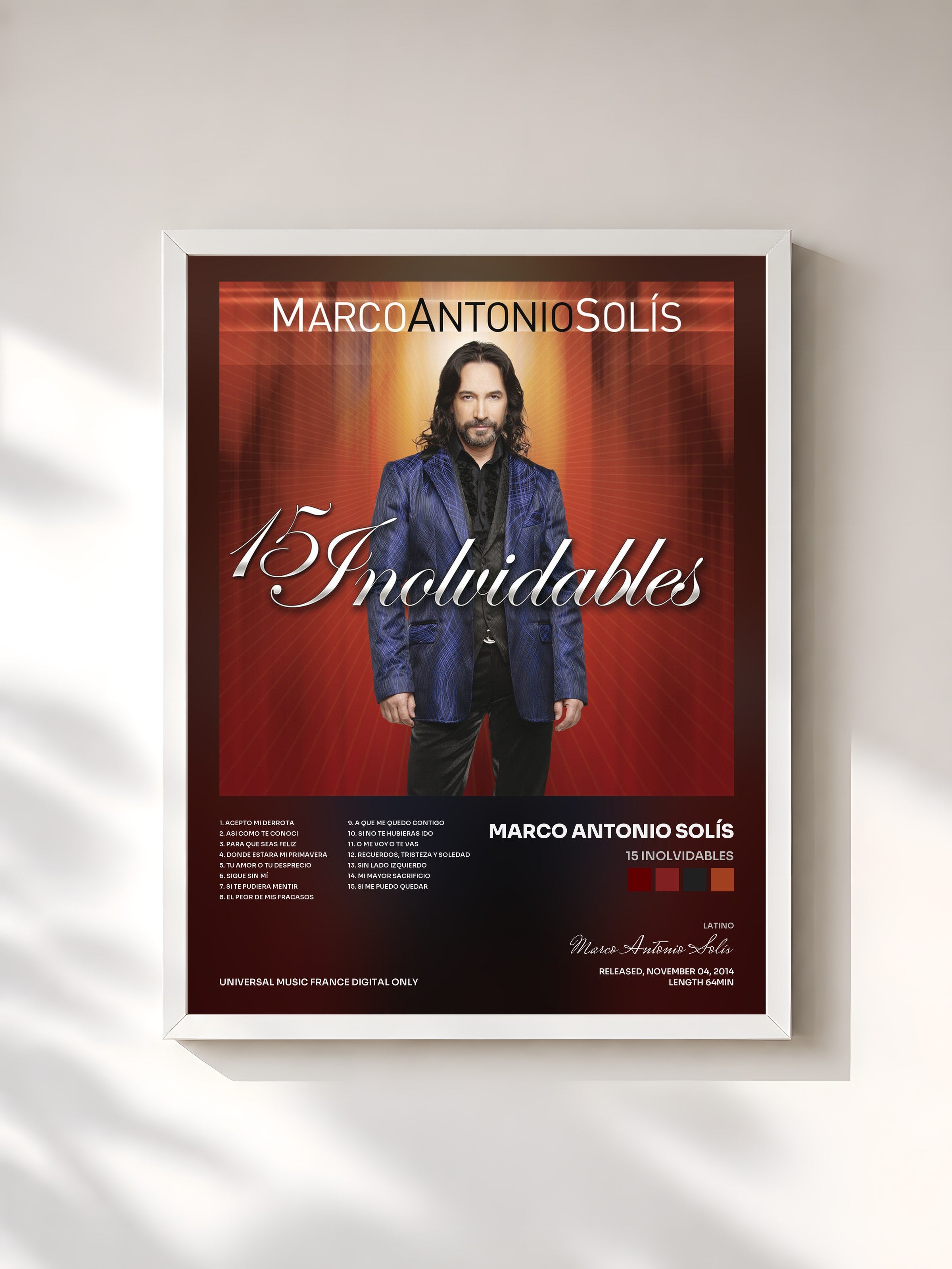 #blanc Tableau de l'album 15 Inolvidables de Marco Antonio Solís, cadre blanc, imprimé et encadré en France
