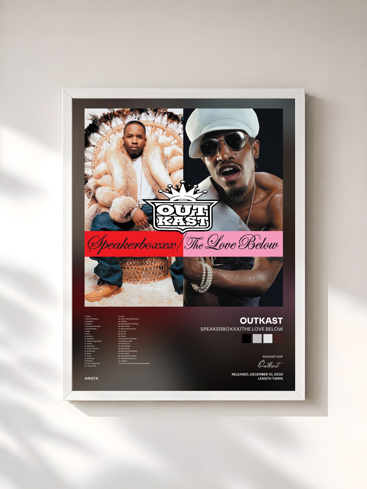 #blanc Tableau de l'album Speakerboxxx/The Love Below de Outkast, cadre blanc, imprimé et encadré en France