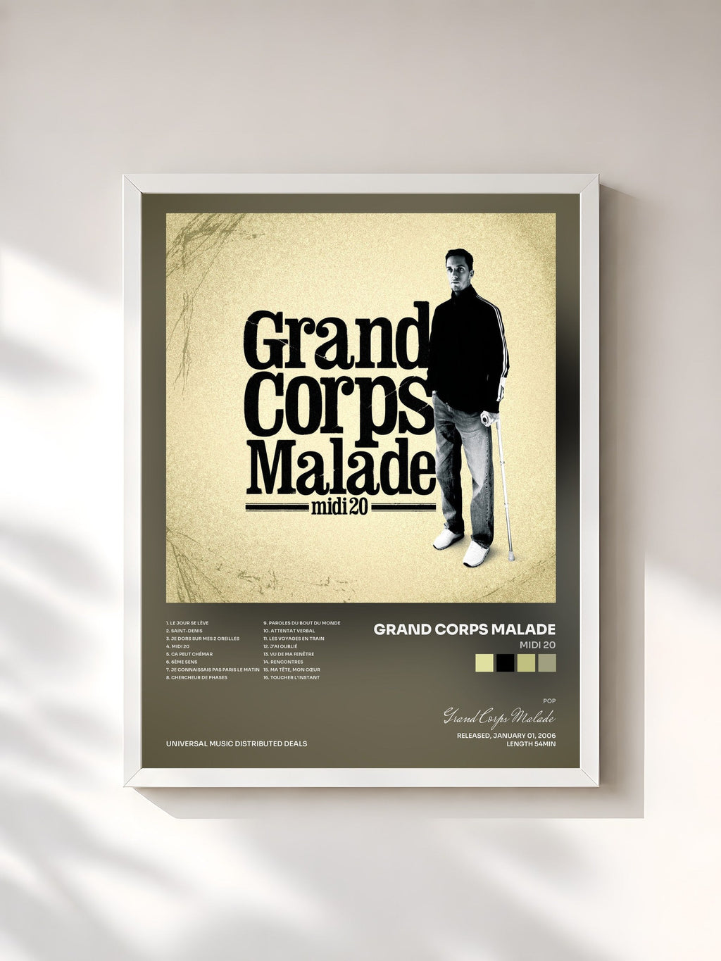 #blanc Midi 20 de Grand Corps Malade en lámina enmarcada, marco blanco, impresa y enmarcada en Francia