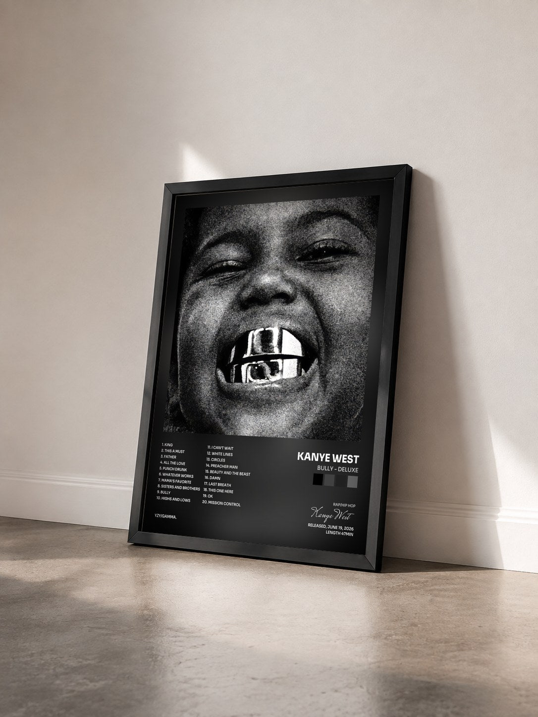 #noir Tableau de l'album BULLY - DELUXE de Kanye West vu de trois quarts, cadre noir