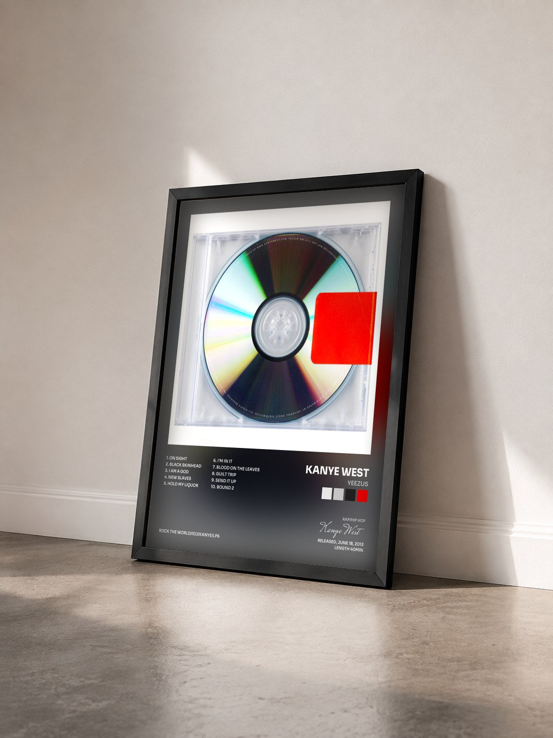 #noir Tableau de l'album Yeezus de Kanye West vu de trois quarts, cadre noir