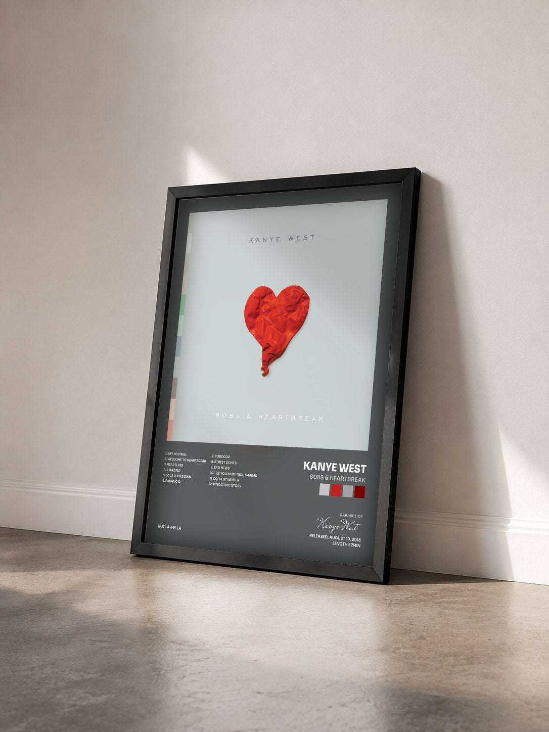 #noir Tableau de l'album 808s & Heartbreak de Kanye West vu de trois quarts, cadre noir