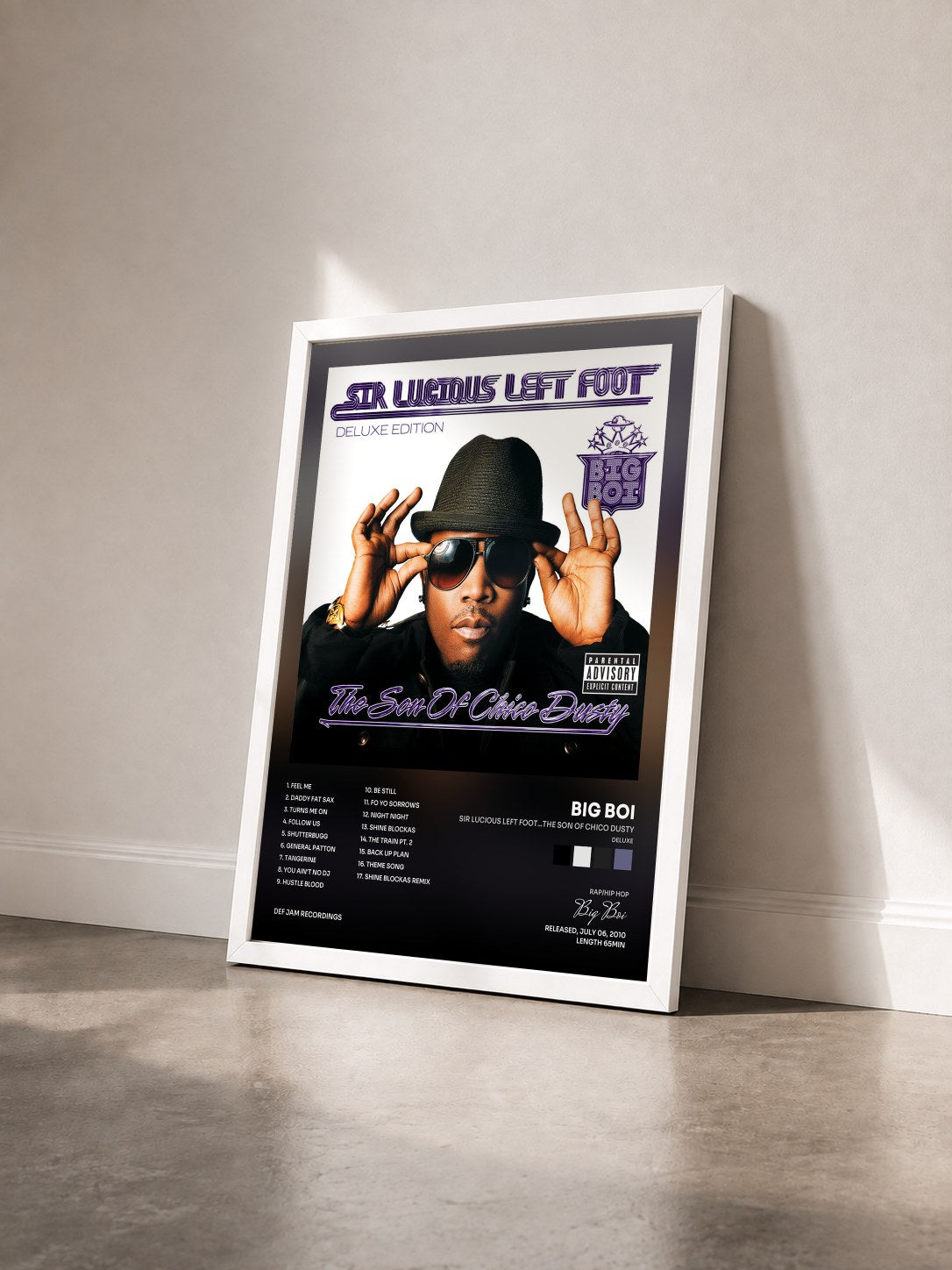 #blanc Tableau de l'album Sir Lucious Left Foot...The Son Of Chico Dusty (Deluxe) de Big Boi vu de trois quarts, cadre blanc