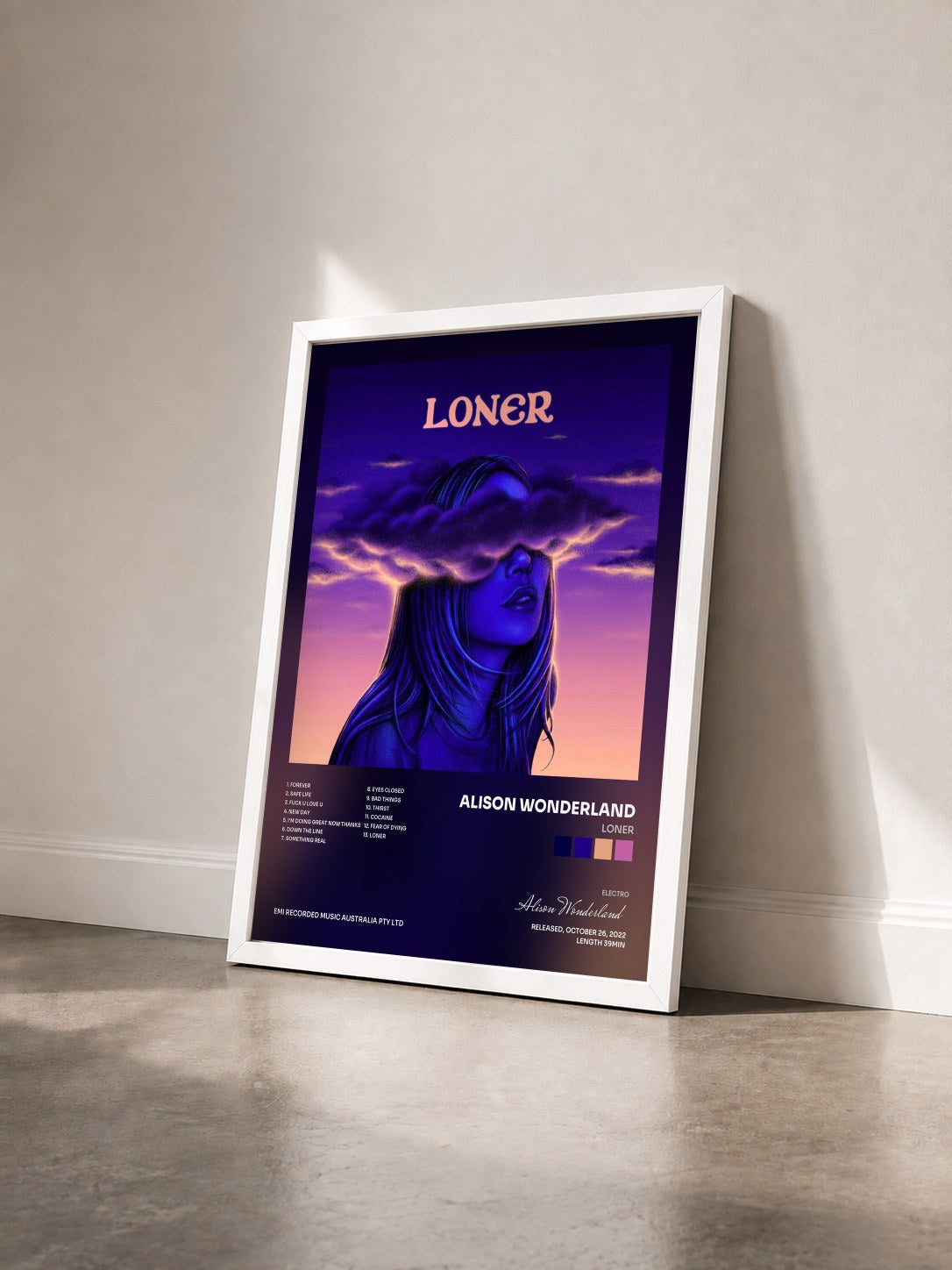 #blanc Tableau de l'album Loner de Alison Wonderland vu de trois quarts, cadre blanc