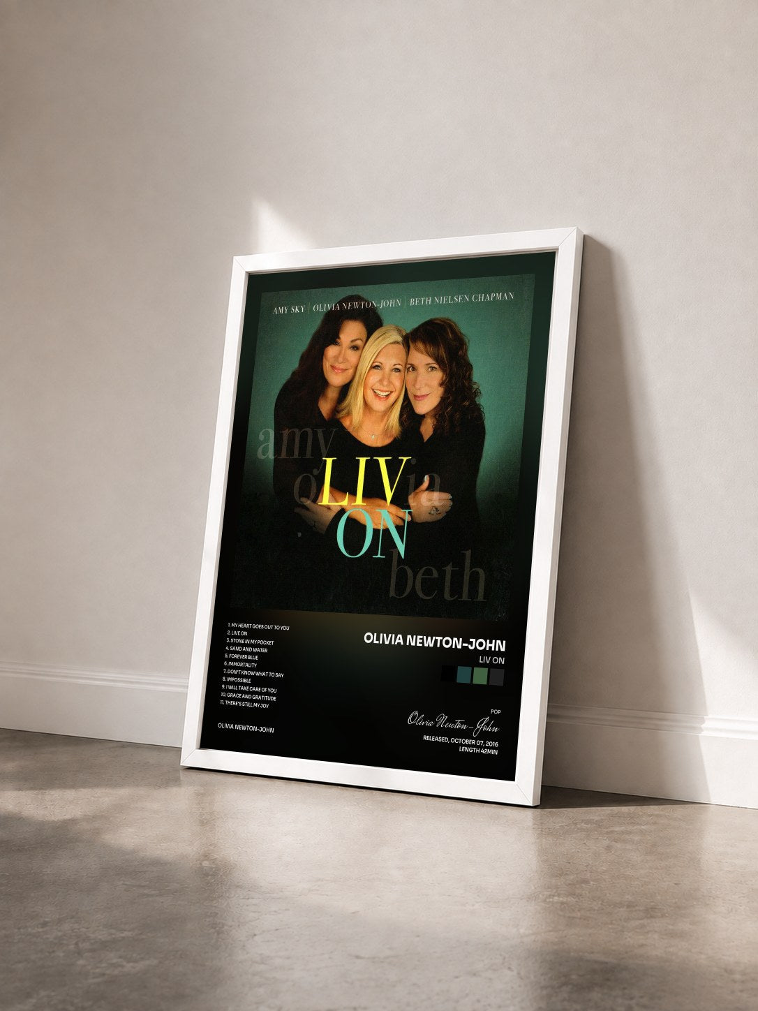 #blanc Tableau de l'album Liv On de Olivia Newton-John vu de trois quarts, cadre blanc