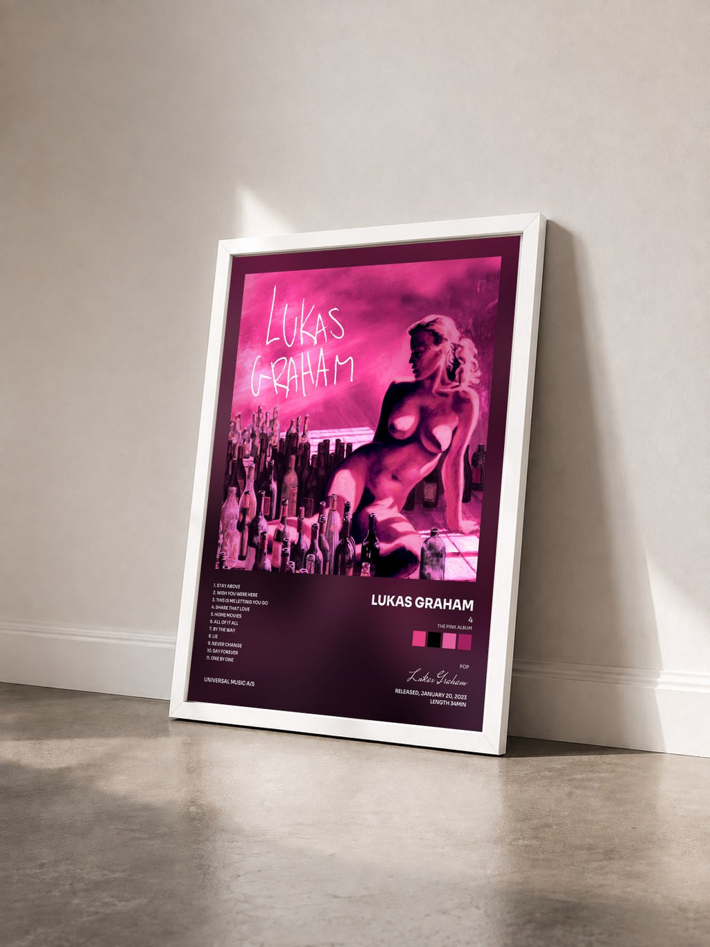 #blanc Tableau de l'album 4 (The Pink Album) de Lukas Graham vu de trois quarts, cadre blanc