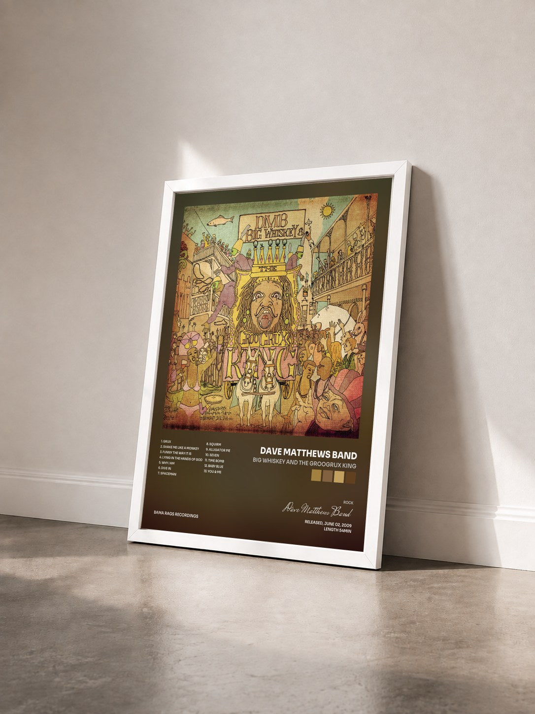 #blanc Tableau de l'album Big Whiskey and the GrooGrux King de Dave Matthews Band vu de trois quarts, cadre blanc