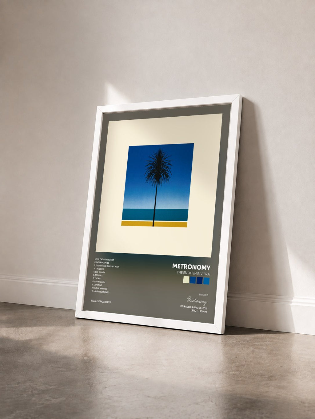#blanc Tableau de l'album The English Riviera de Metronomy vu de trois quarts, cadre blanc
