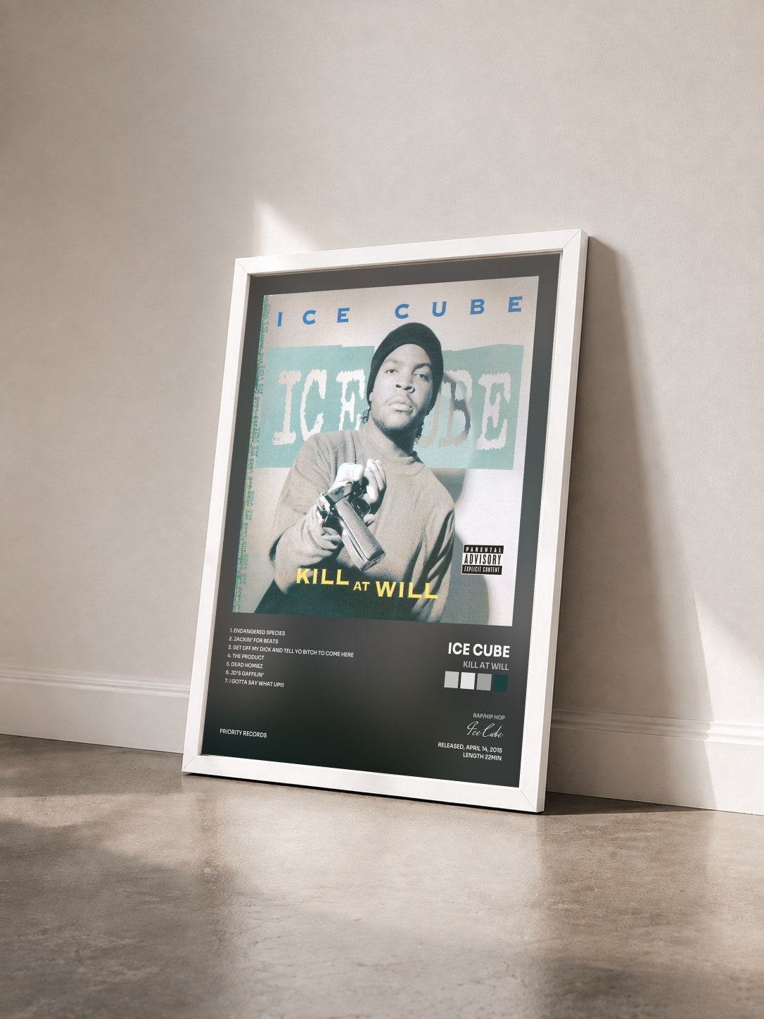 #blanc Tableau de l'album Kill At Will de Ice Cube vu de trois quarts, cadre blanc