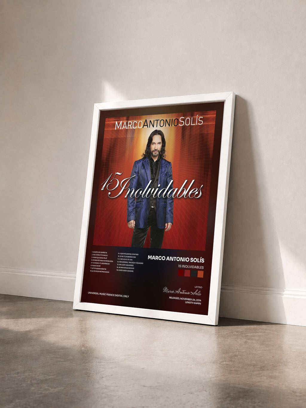 #blanc Tableau de l'album 15 Inolvidables de Marco Antonio Solís vu de trois quarts, cadre blanc