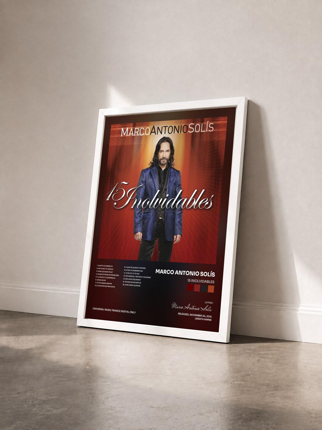 #blanc Tableau de l'album 15 Inolvidables de Marco Antonio Solís vu de trois quarts, cadre blanc