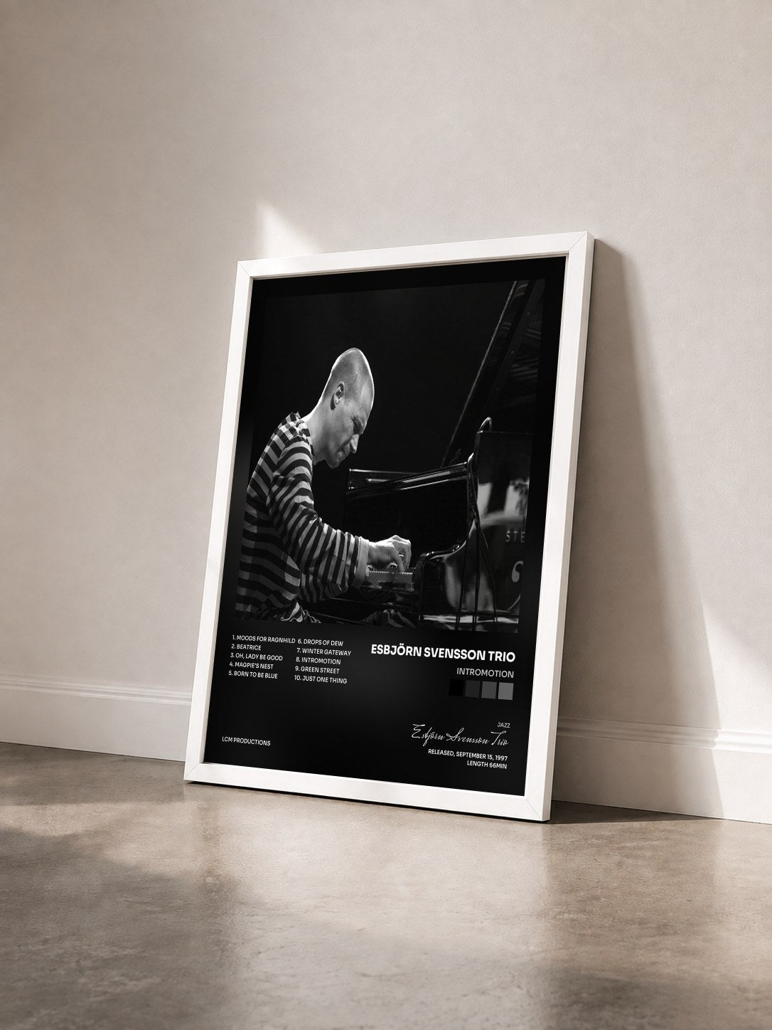 #blanc Tableau de l'album Intromotion de Esbjörn Svensson Trio vu de trois quarts, cadre blanc