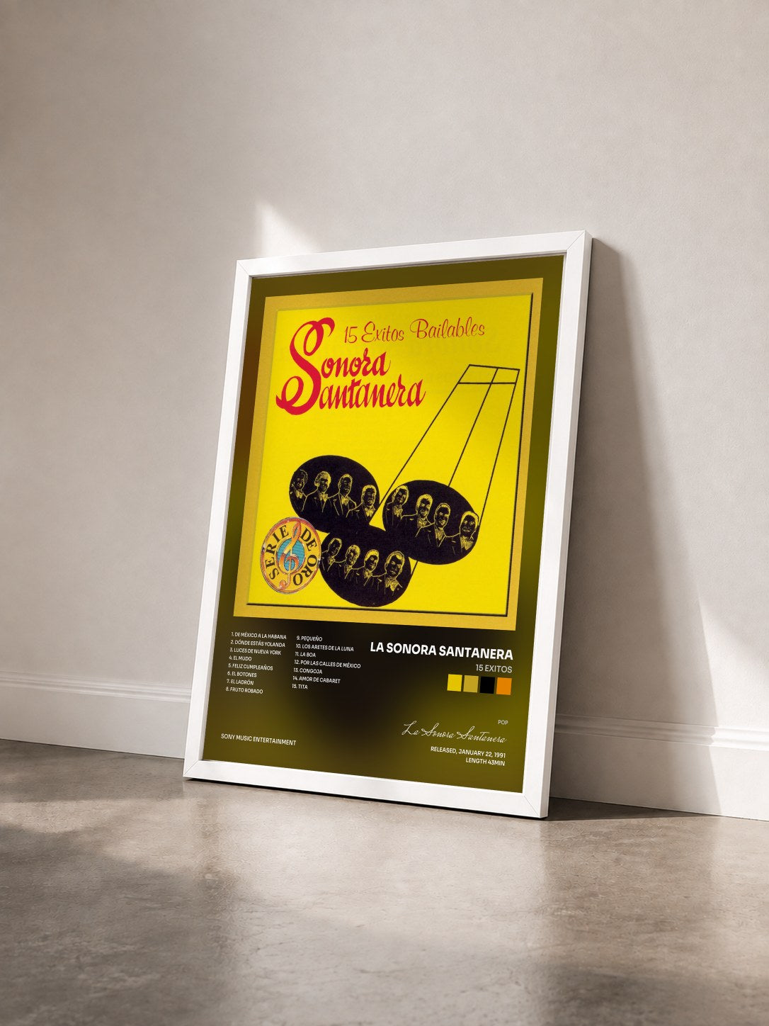 #blanc Tableau de l'album 15 EXITOS de La Sonora Santanera vu de trois quarts, cadre blanc