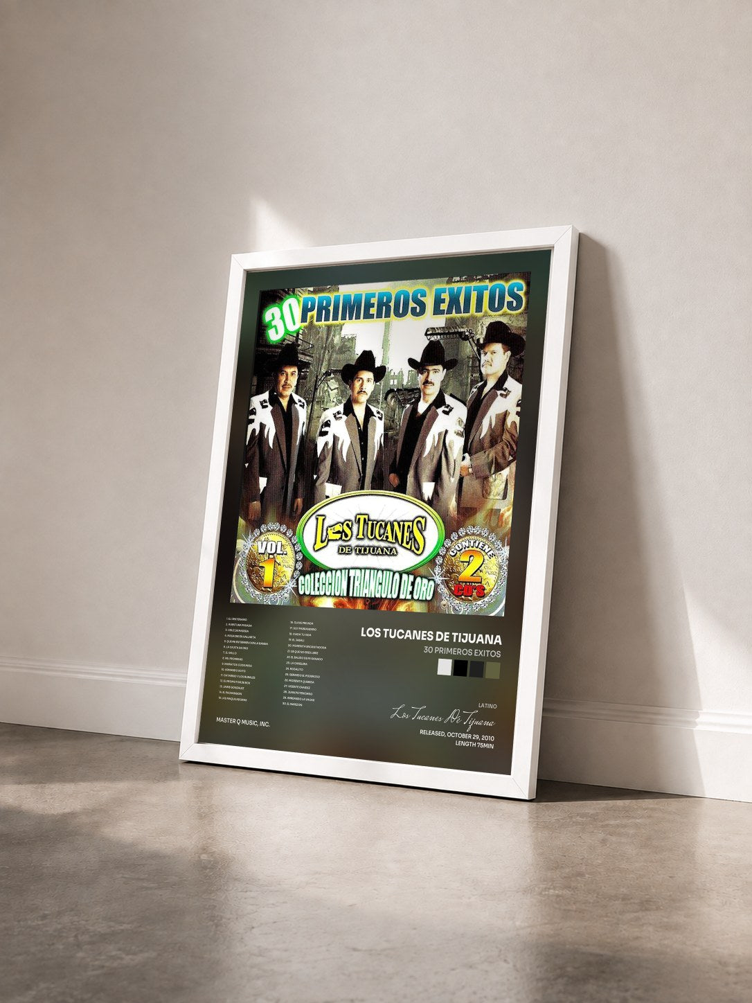 #blanc Tableau de l'album 30 Primeros Exitos de Los Tucanes De Tijuana vu de trois quarts, cadre blanc