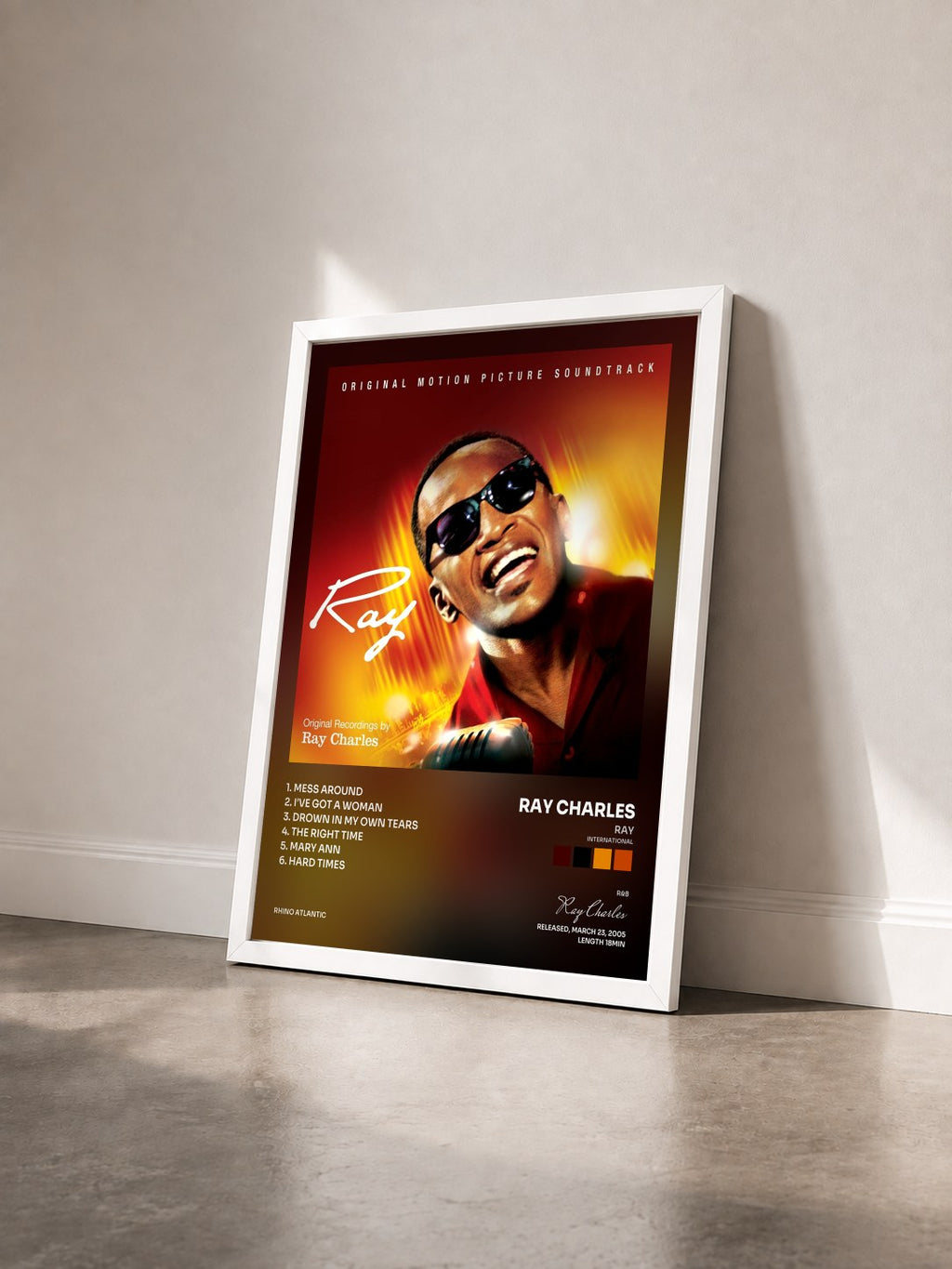#blanc Tableau de l'album Ray (International) de Ray Charles vu de trois quarts, cadre blanc
