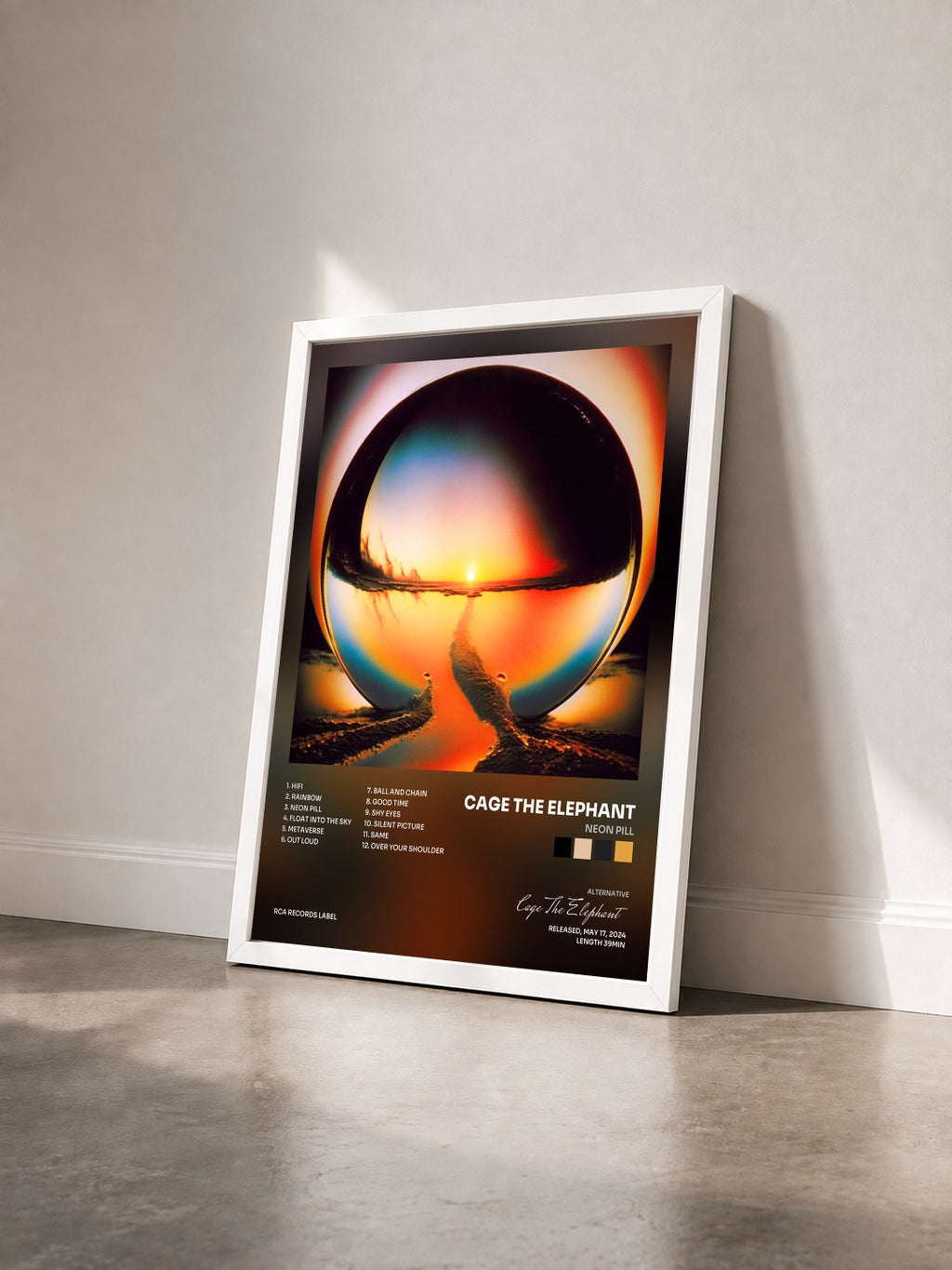 #blanc Neon Pill di Cage The Elephant in stampa incorniciata vista di tre quarti, cornice bianca