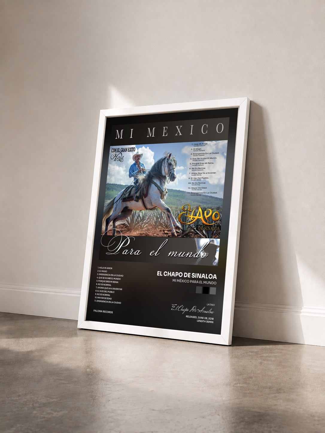 #blanc Tableau de l'album Mi México Para El Mundo de El Chapo De Sinaloa vu de trois quarts, cadre blanc