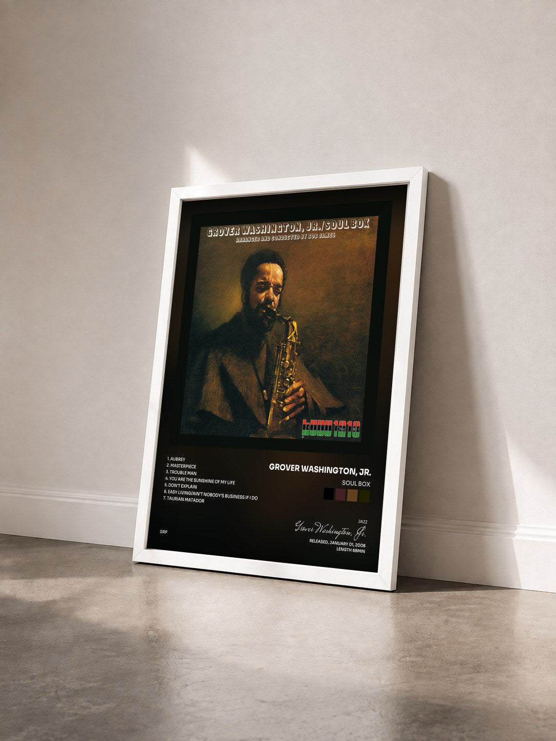 #blanc Tableau de l'album Soul Box de Grover Washington, Jr. vu de trois quarts, cadre blanc