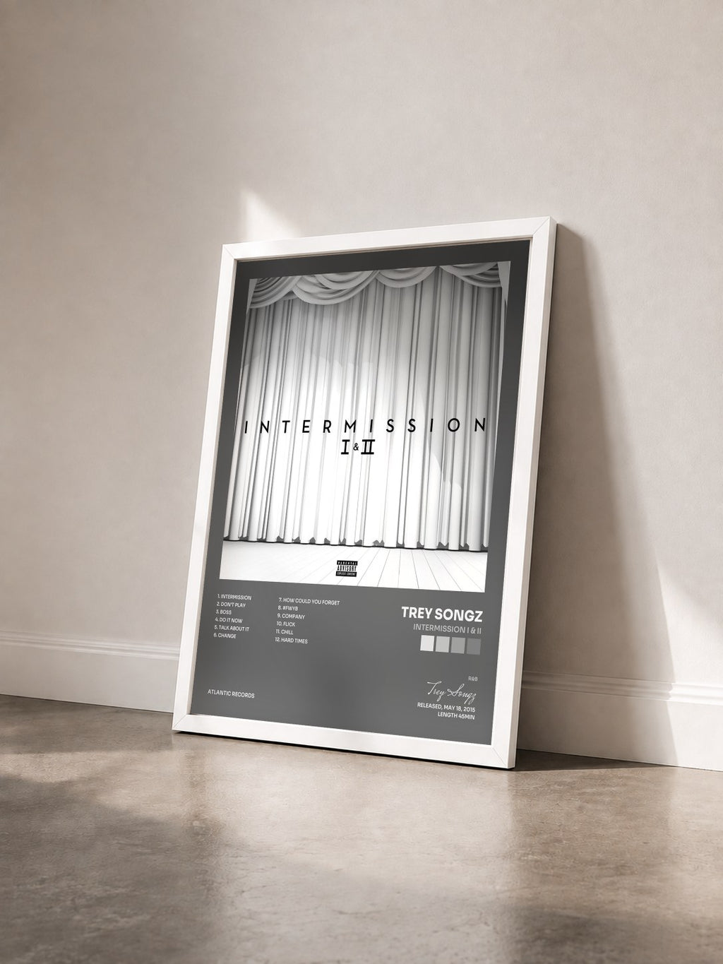 #blanc Tableau de l'album Intermission I & II de Trey Songz vu de trois quarts, cadre blanc