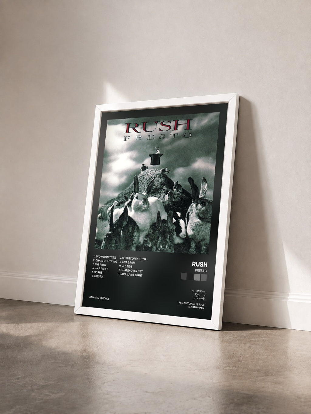 #blanc Tableau de l'album Presto de Rush vu de trois quarts, cadre blanc