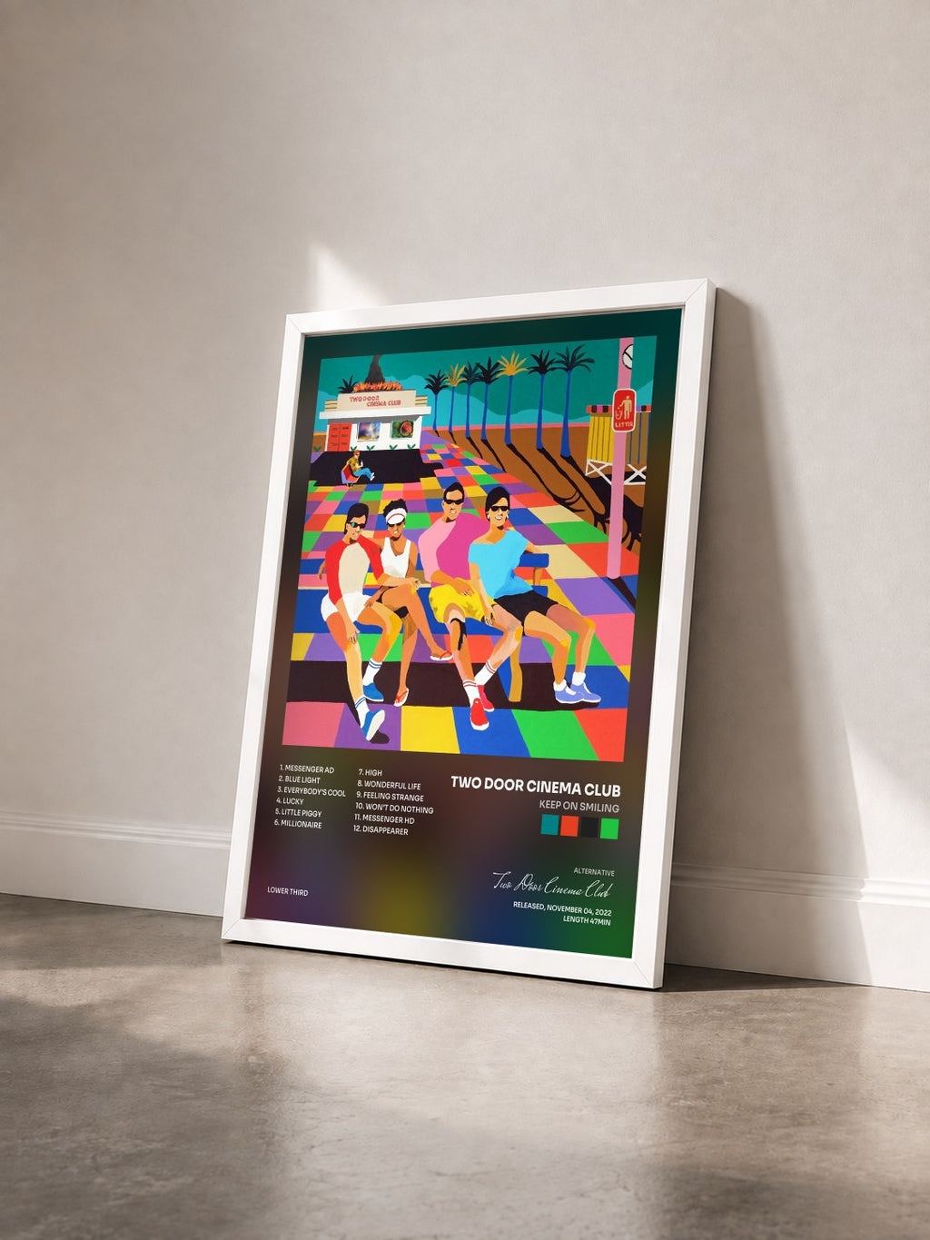 #blanc Tableau de l'album Keep On Smiling de Two Door Cinema Club vu de trois quarts, cadre blanc