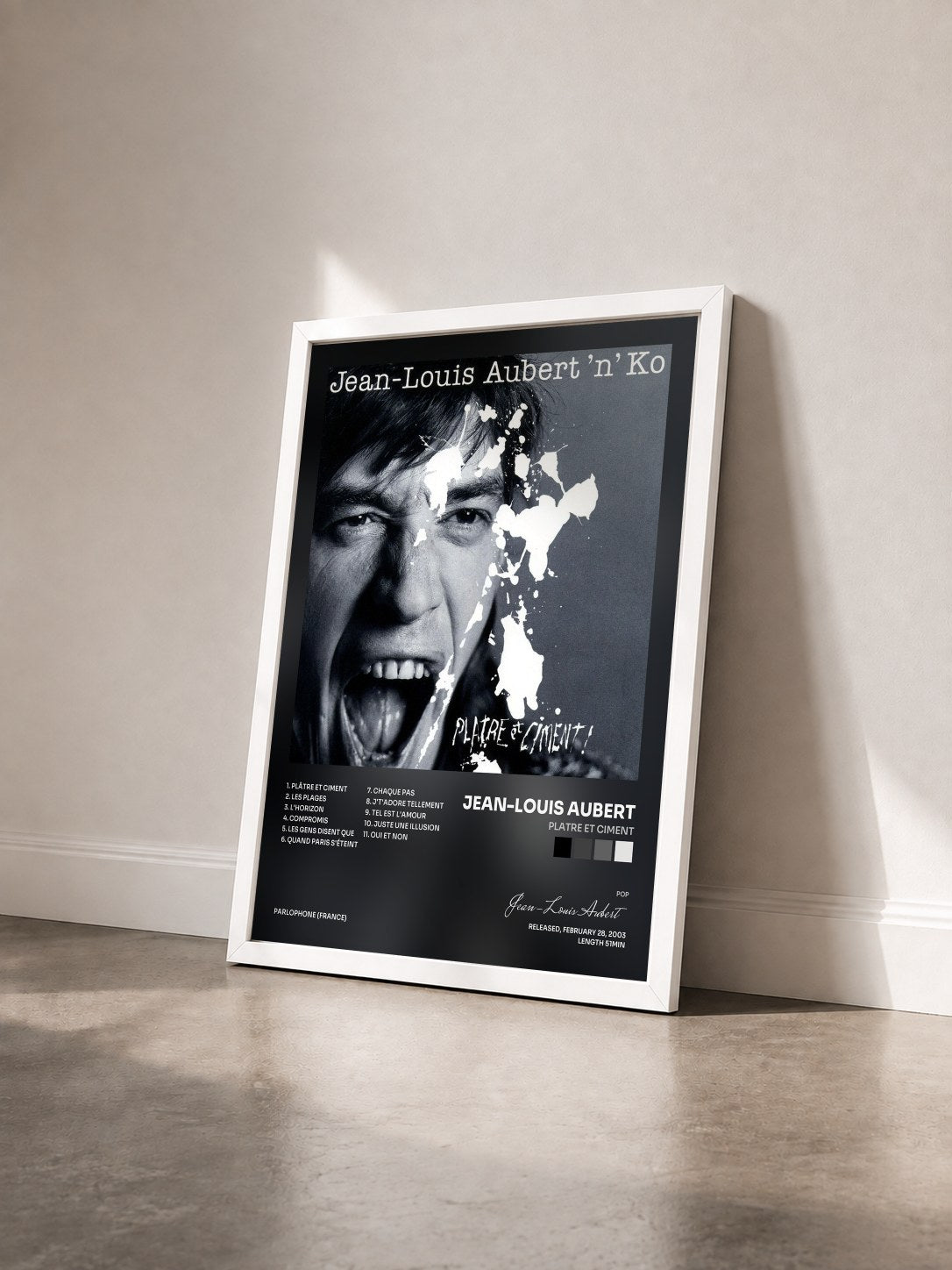 #blanc platre et ciment by Jean-Louis Aubert as a framed art print seen at an angle, white frame