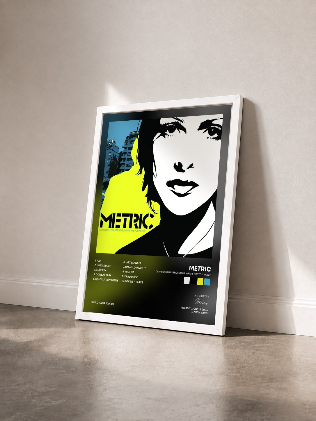 #blanc Tableau de l'album Old World Underground, Where Are You Now? de Metric vu de trois quarts, cadre blanc
