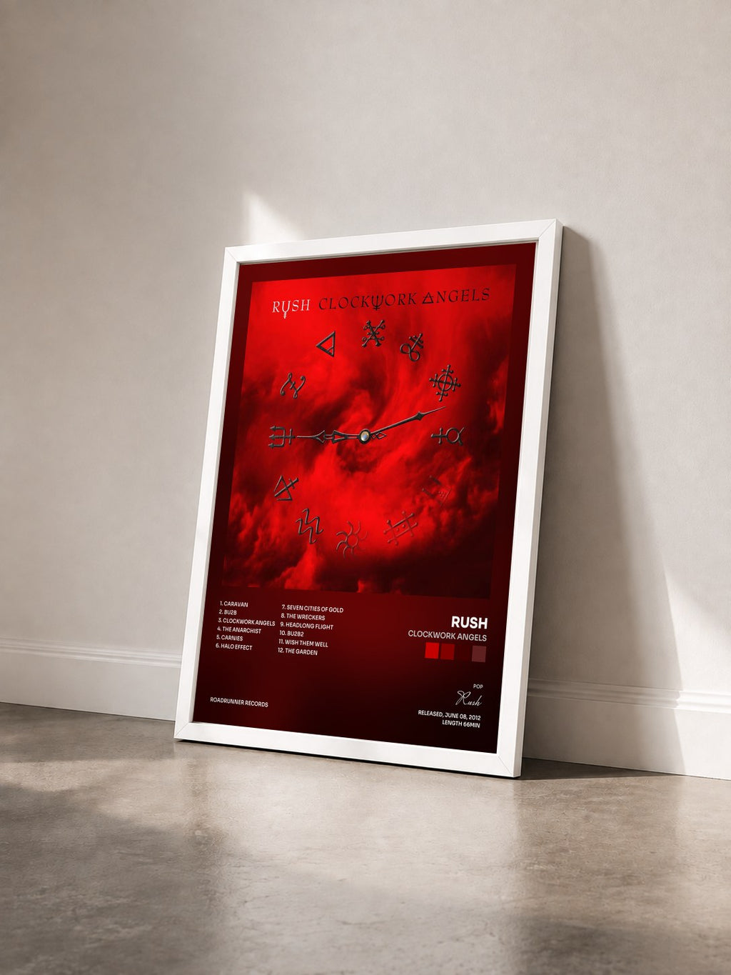 #blanc Clockwork Angels by Rush as a framed art print seen at an angle, white frame