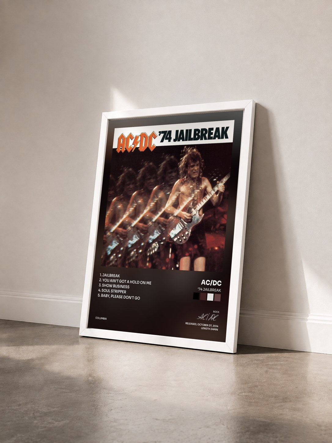 #blanc Tableau de l'album '74 Jailbreak de AC/DC vu de trois quarts, cadre blanc