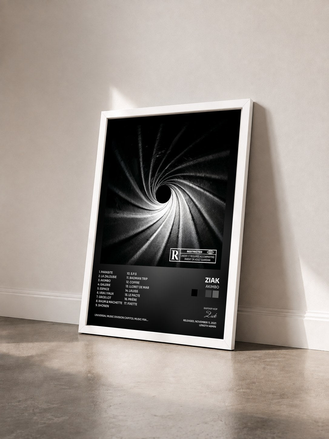 #blanc Akimbo by Ziak as a framed art print seen at an angle, white frame